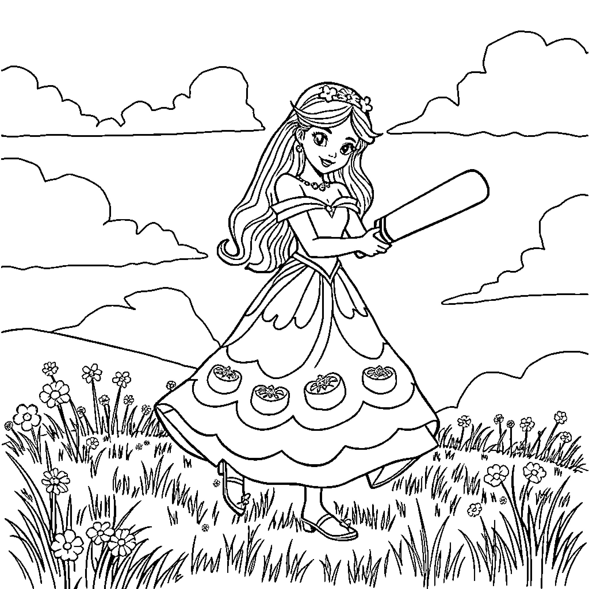 Princess Enjoying a Beautiful Outdoor Adventure Coloring Page (free black-and-white line drawing printable PDF for all, from beginners to advanced learners, including children, teens, adults, and seniors)