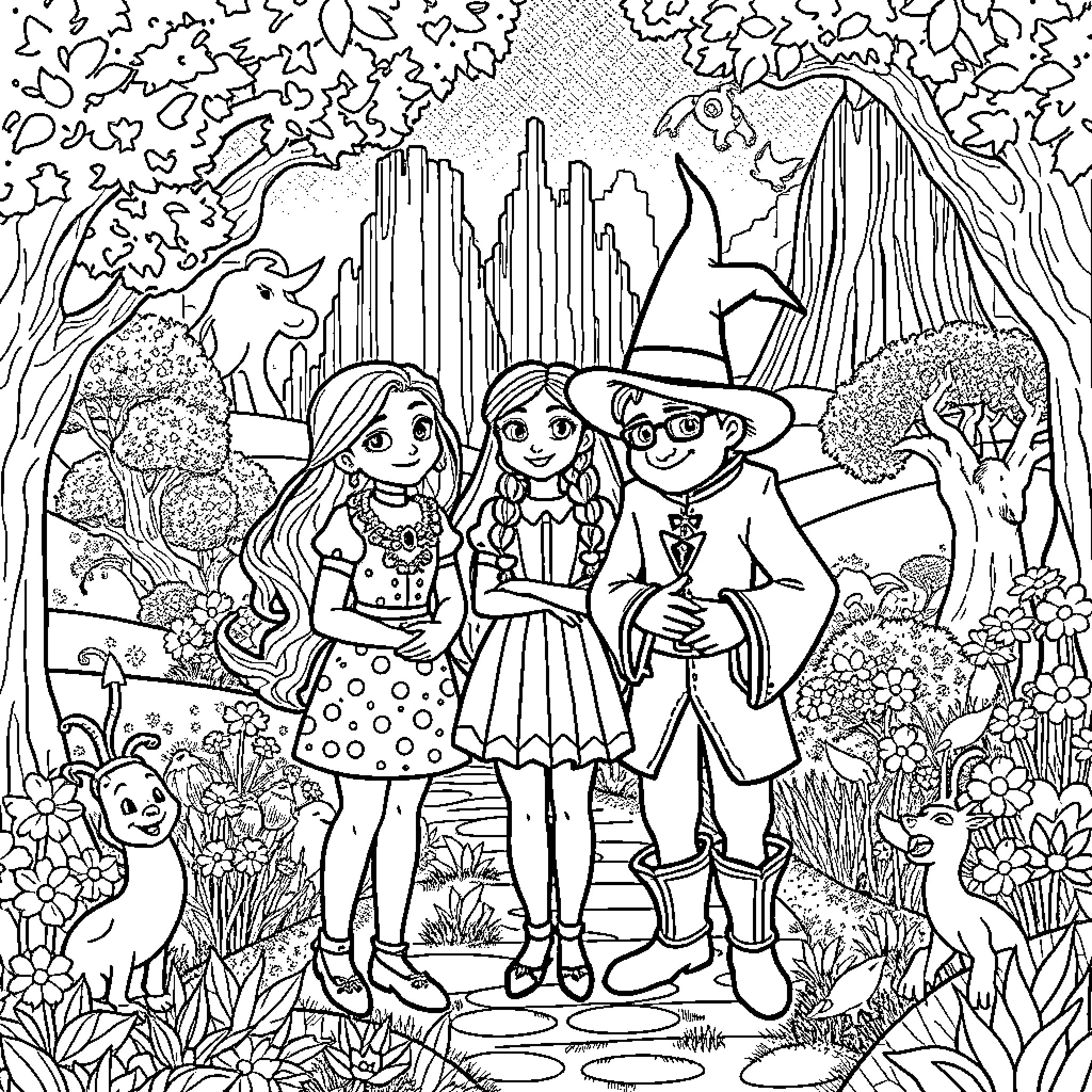 Character Adventure in Magical Enchanted World Coloring Page (free black-and-white line drawing printable PDF for all, from beginners to advanced learners, including children, teens, adults, and seniors)