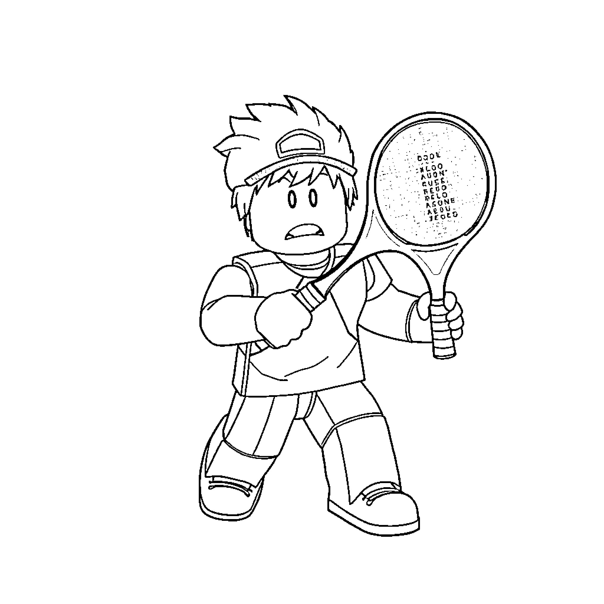 Roblox Character Playing Tennis Coloring Page (free black-and-white line drawing printable PDF for all, from beginners to advanced learners, including children, teens, adults, and seniors)