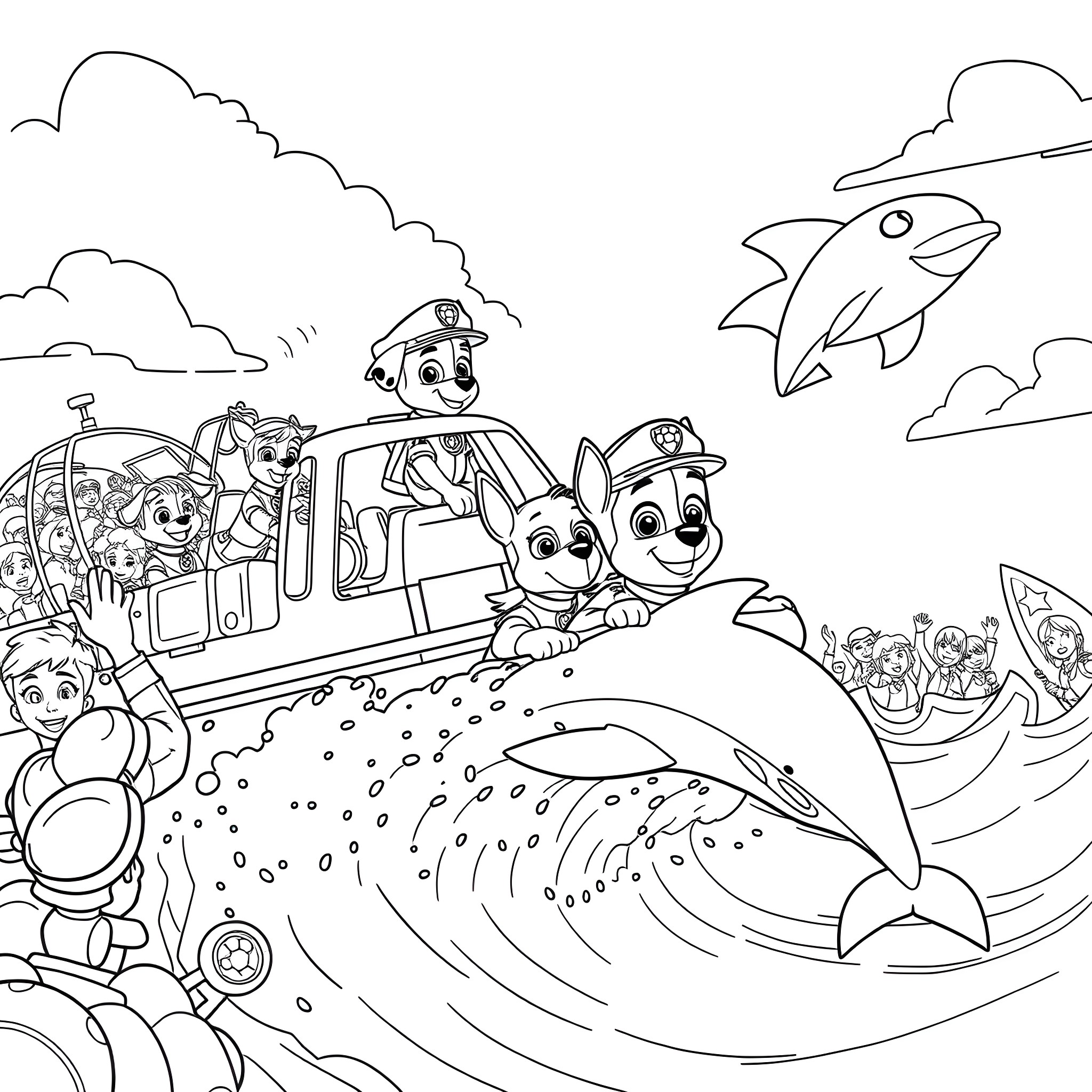 Paw Patrol Rescuing Underwater Adventure Coloring Page (free black-and-white line drawing printable PDF for all, from beginners to advanced learners, including children, teens, adults, and seniors)