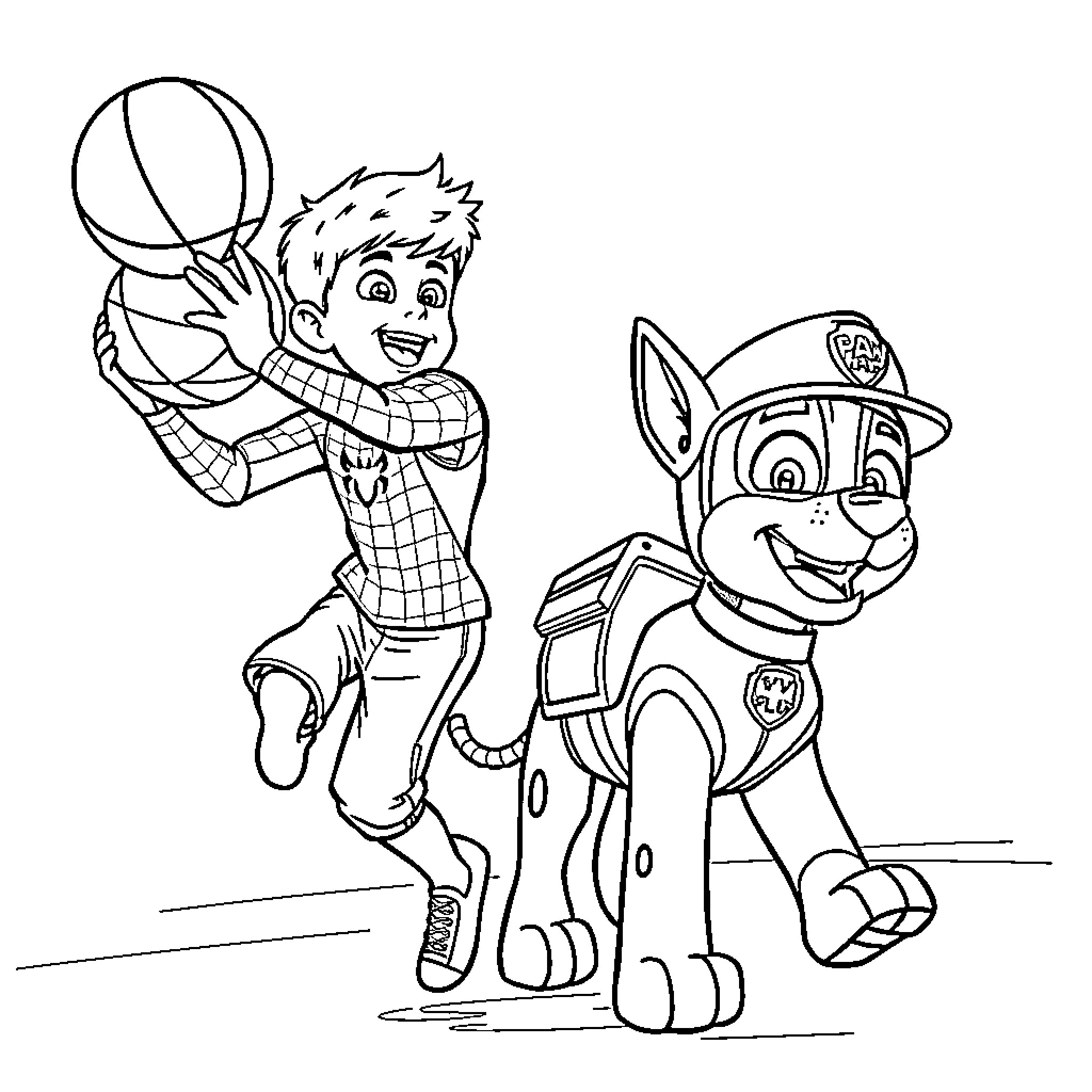 Boy playing basketball with puppy assistant Coloring Page (free black-and-white line drawing printable PDF for all, from beginners to advanced learners, including children, teens, adults, and seniors)