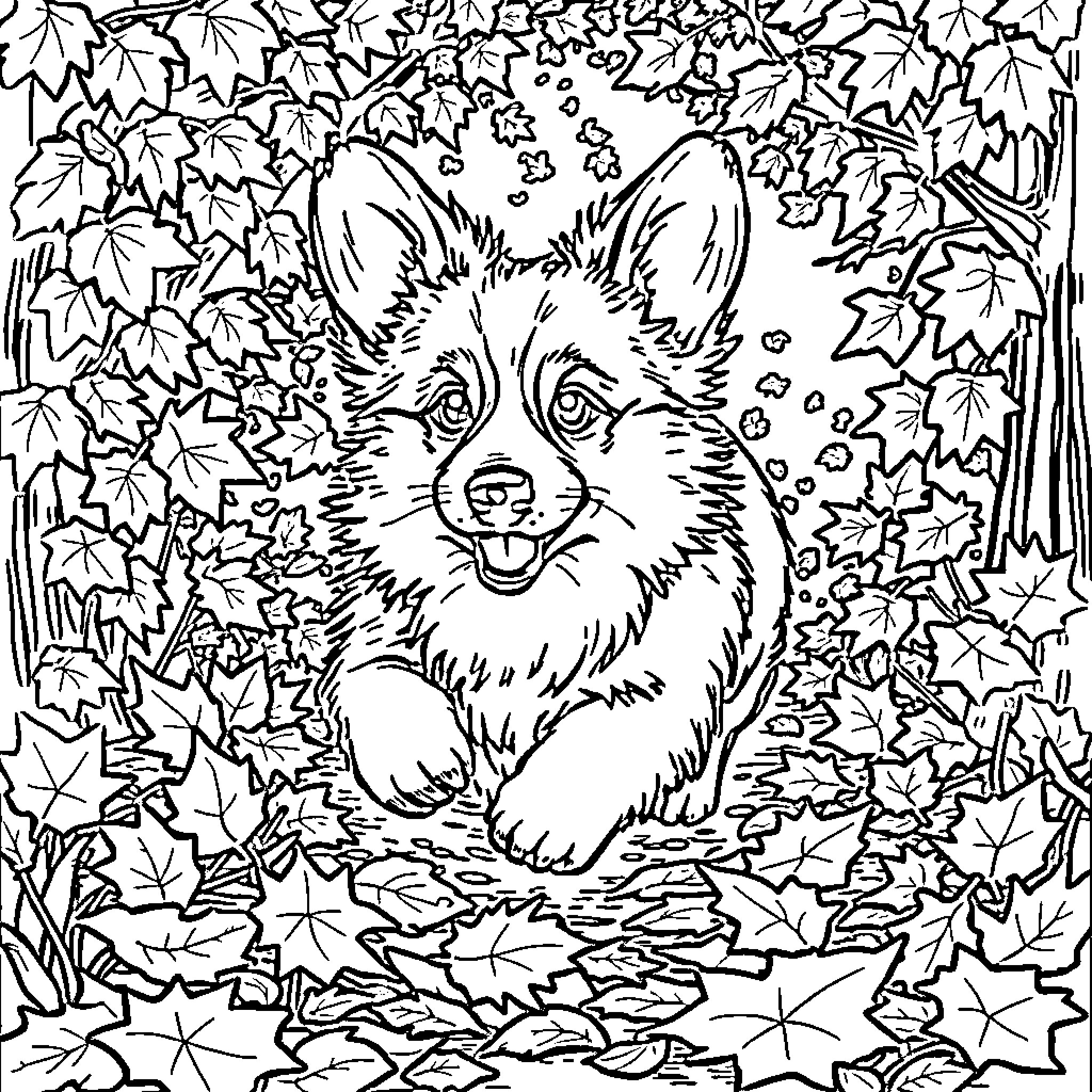Corgi Pup Frolicking in Autumn Leaves Coloring Page (free black-and-white line drawing printable PDF for all, from beginners to advanced learners, including children, teens, adults, and seniors)