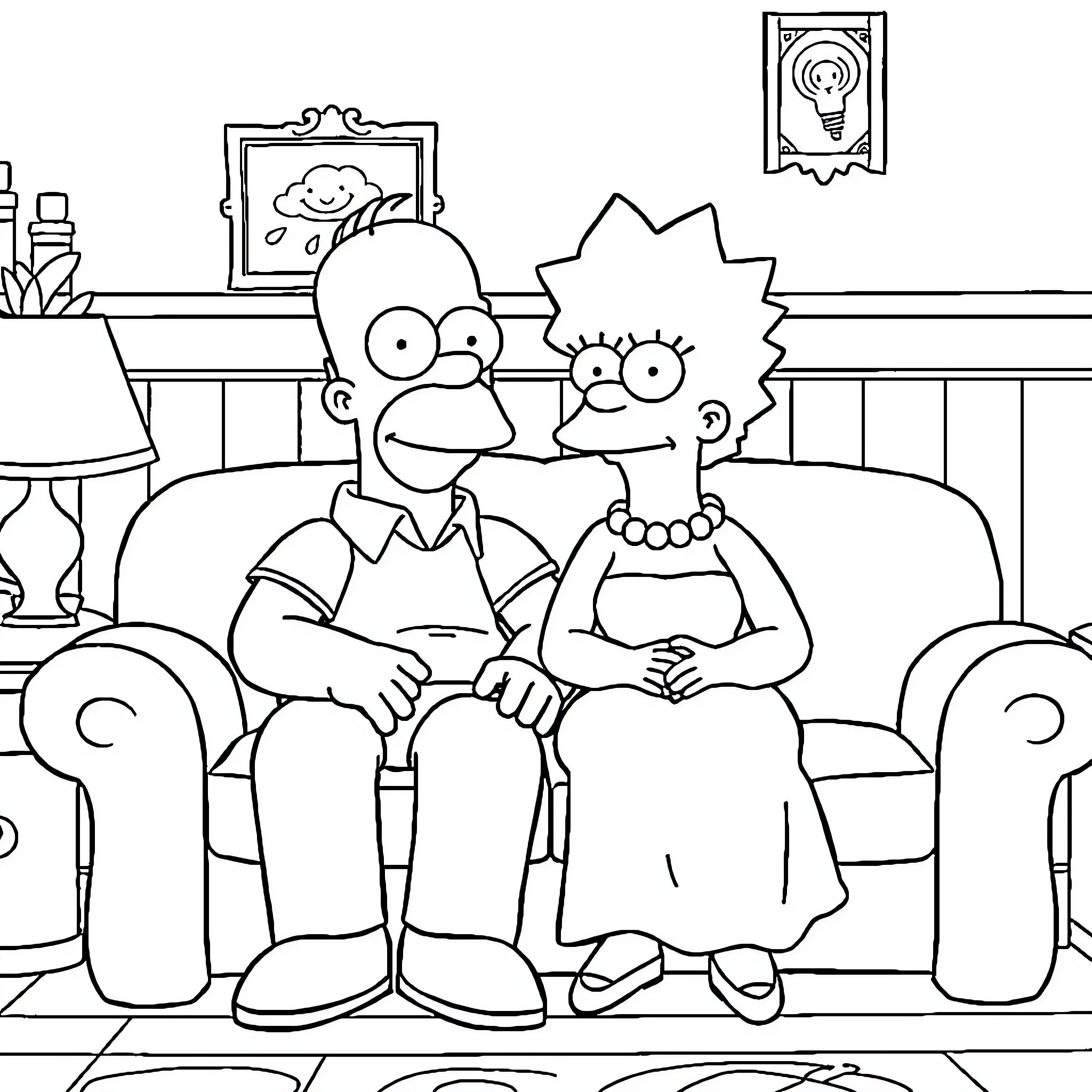 Homer and Marge relaxing on the couch Coloring Page (free black-and-white line drawing printable PDF for all, from beginners to advanced learners, including children, teens, adults, and seniors)
