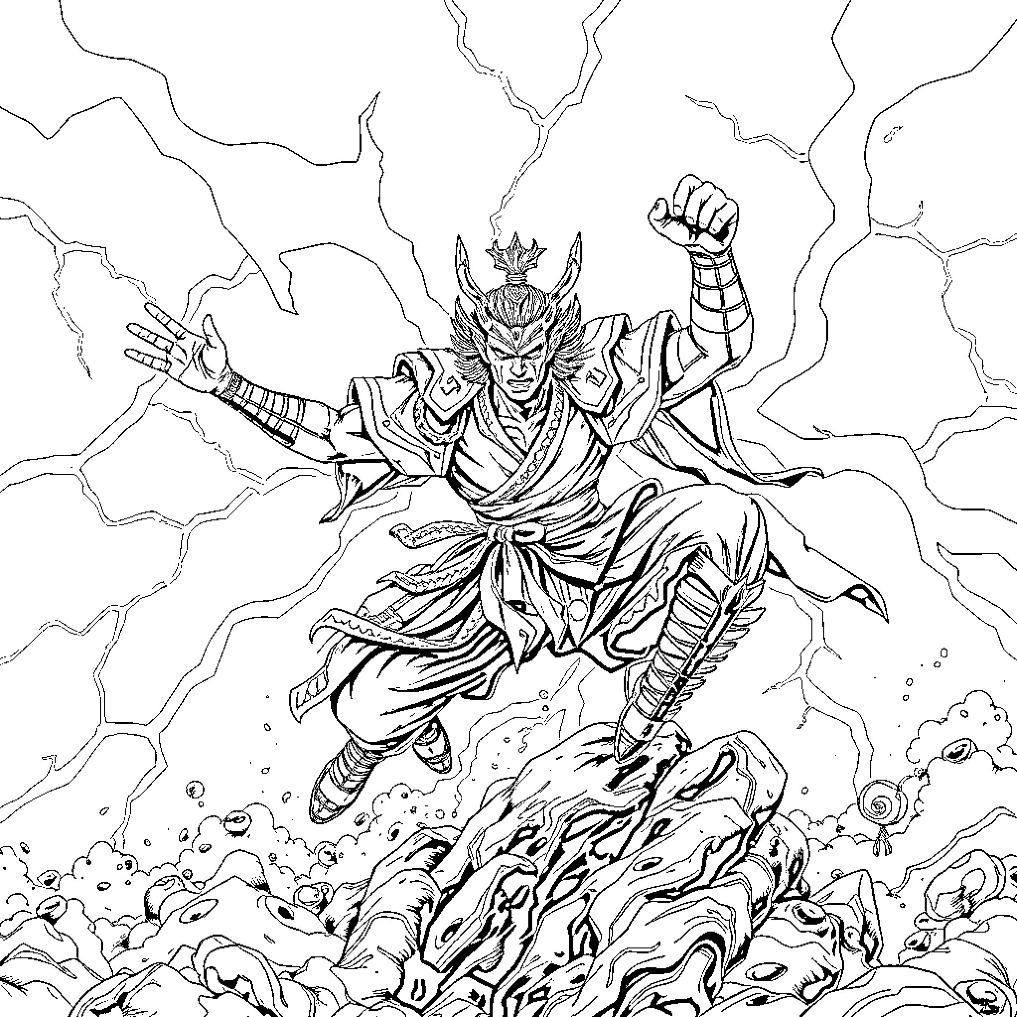 Warrior battling with fury and determination Coloring Page (free black-and-white line drawing printable PDF for all, from beginners to advanced learners, including children, teens, adults, and seniors)