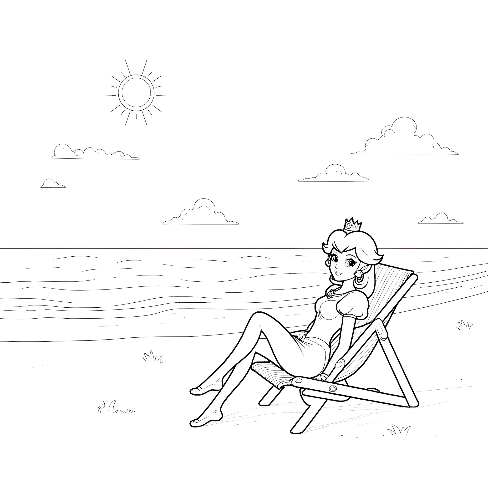 Princess relaxing on the beach chair Coloring Page (free black-and-white line drawing printable PDF for all, from beginners to advanced learners, including children, teens, adults, and seniors)