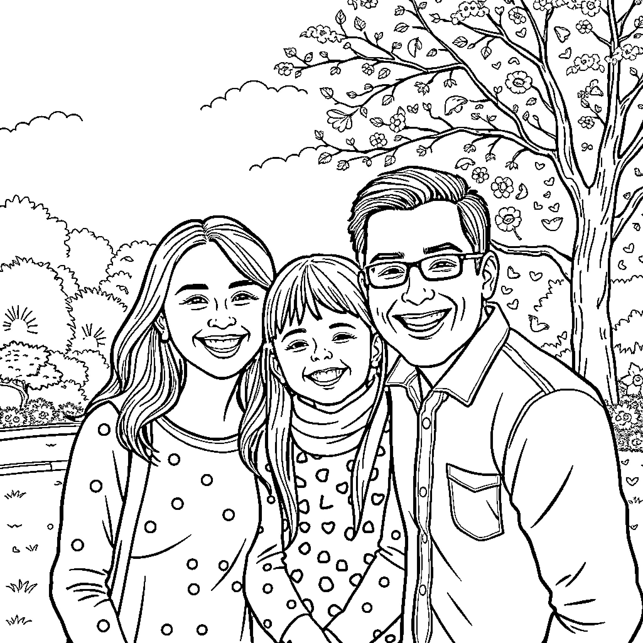 Family Enjoying Nature Together Coloring Page (free black-and-white line drawing printable PDF for all, from beginners to advanced learners, including children, teens, adults, and seniors)