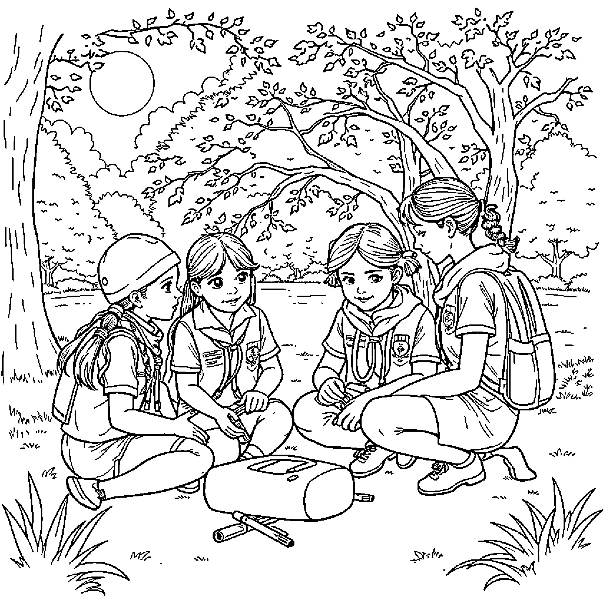 Girl Scouts enjoying nature together in the outdoors Coloring Page (free black-and-white line drawing printable PDF for all, from beginners to advanced learners, including children, teens, adults, and seniors)