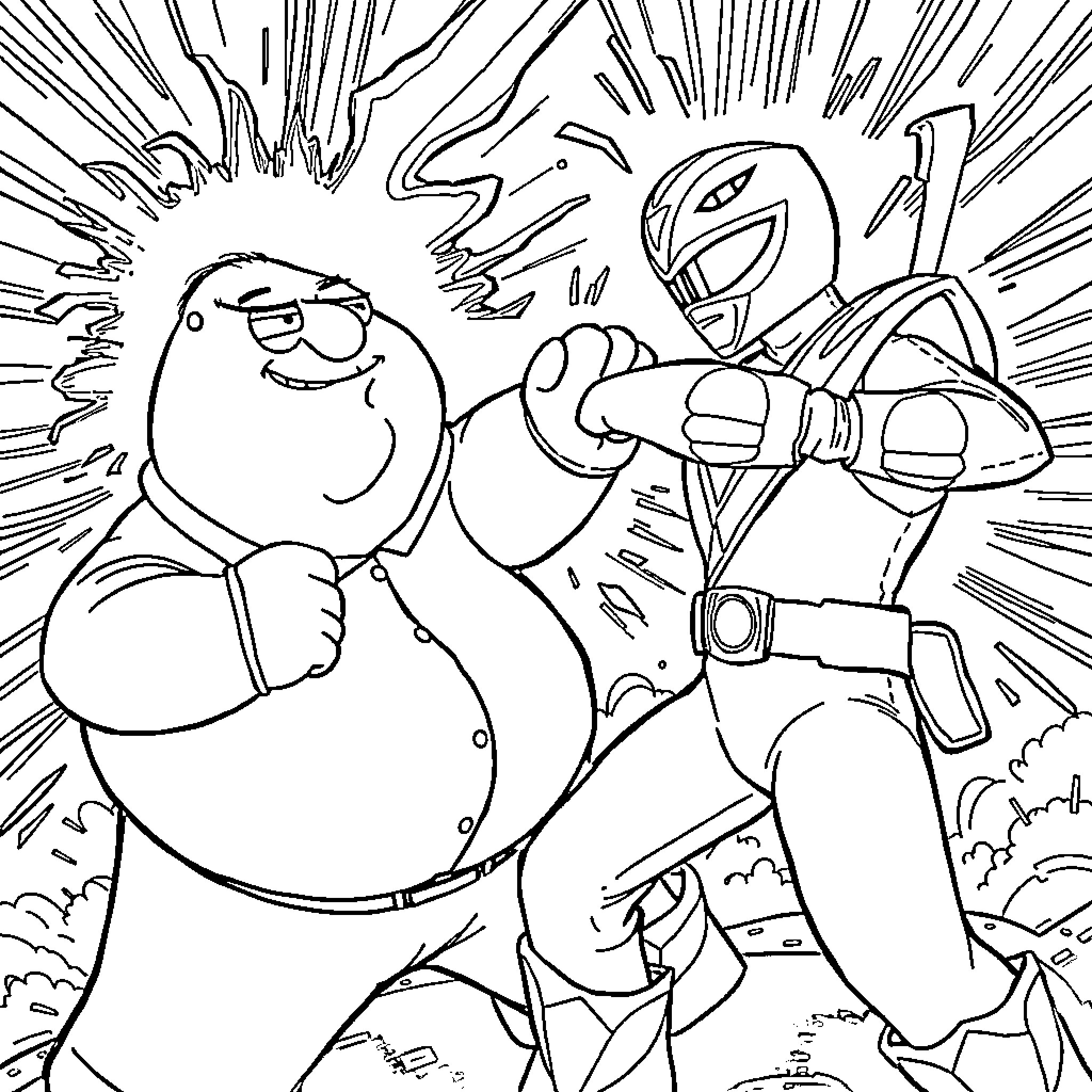 Peter Griffin fighting with a Power Ranger Coloring Page (free black-and-white line drawing printable PDF for all, from beginners to advanced learners, including children, teens, adults, and seniors)