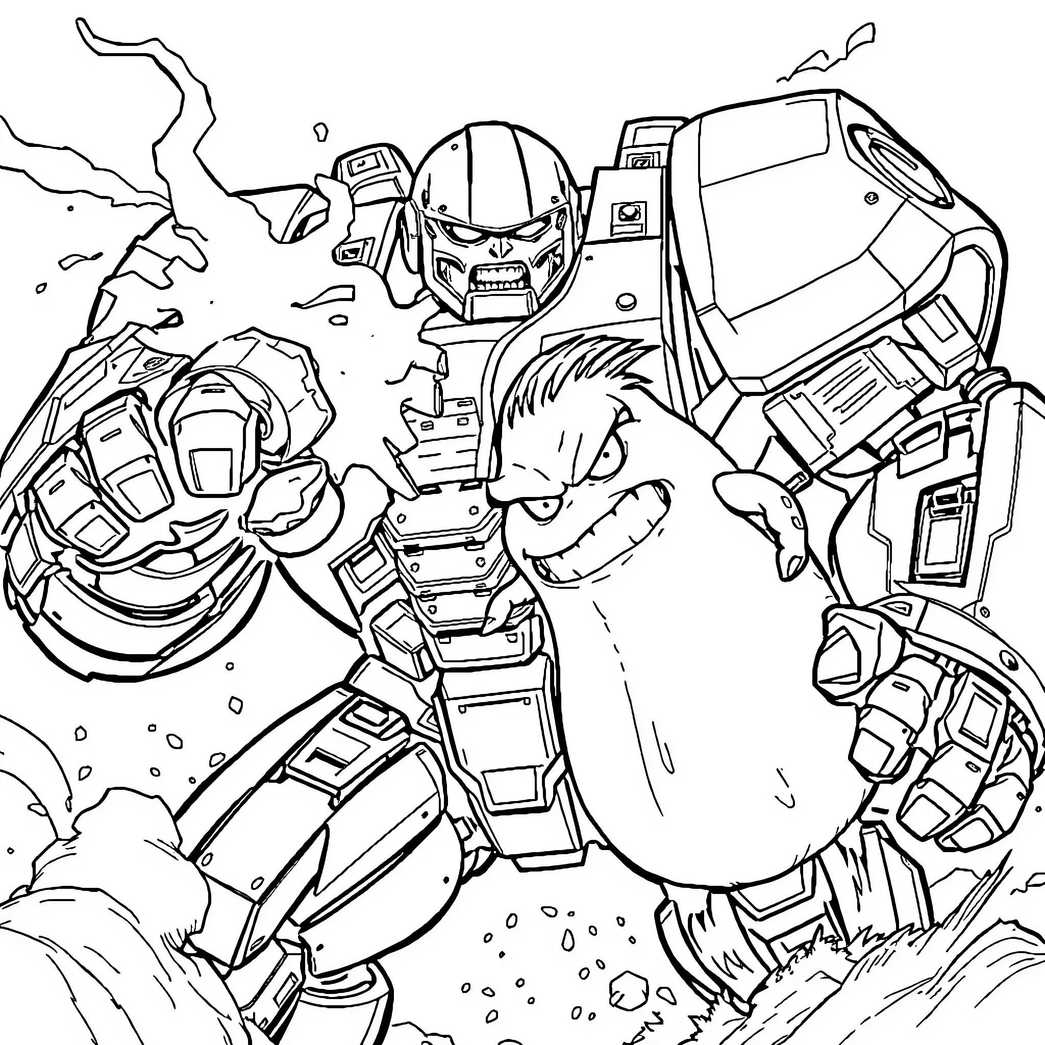 Hulkbuster robot in battle with destruction and debris Coloring Page (free black-and-white line drawing printable PDF for all, from beginners to advanced learners, including children, teens, adults, and seniors)