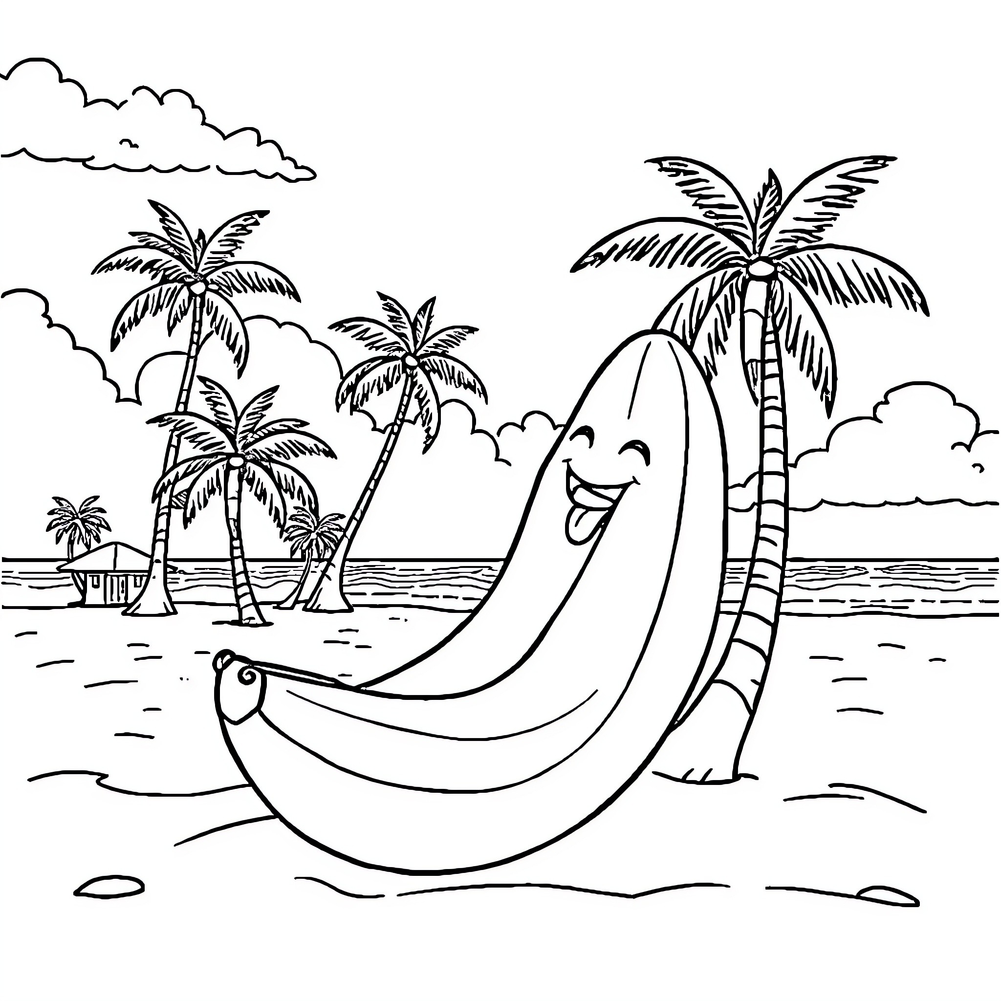 Banana relaxing on a tropical beach Coloring Page (free black-and-white line drawing printable PDF for all, from beginners to advanced learners, including children, teens, adults, and seniors)
