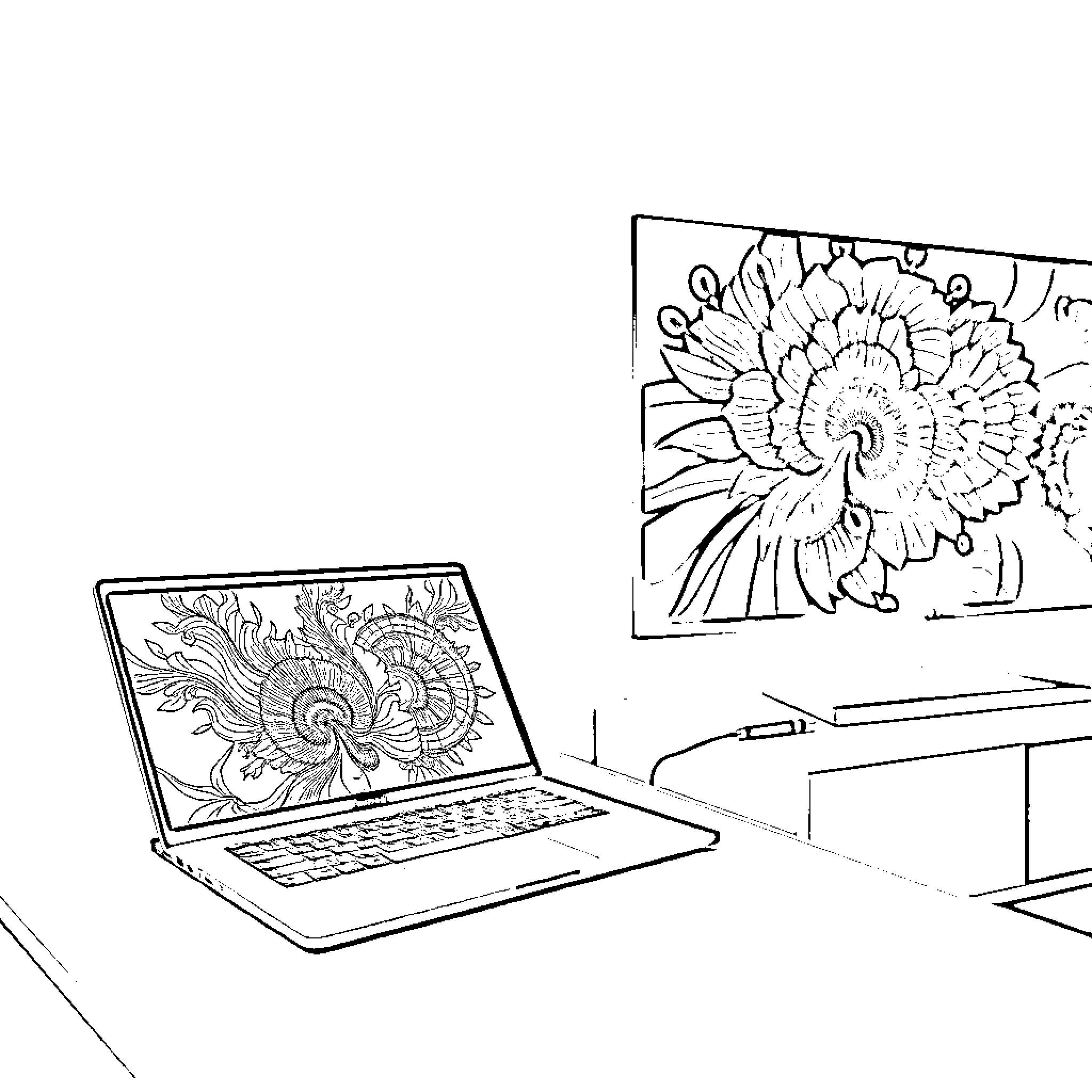 HP Chromebook with abstract floral design on screen Coloring Page (free black-and-white line drawing printable PDF for all, from beginners to advanced learners, including children, teens, adults, and seniors)