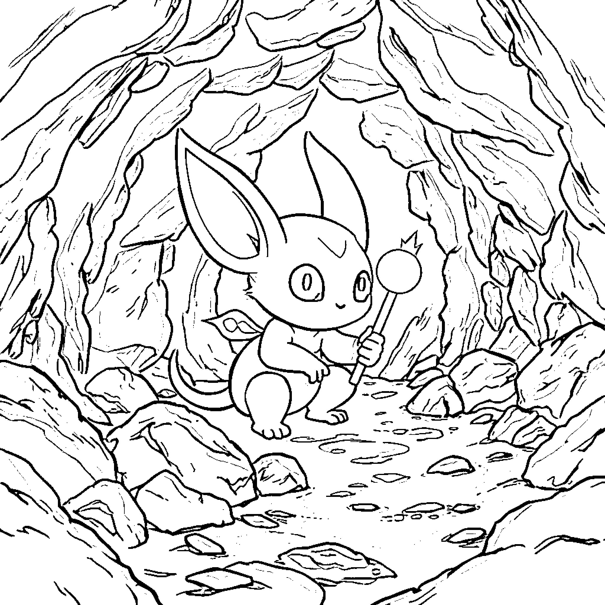 Sprunki exploring the rocky cave Coloring Page (free black-and-white line drawing printable PDF for all, from beginners to advanced learners, including children, teens, adults, and seniors)