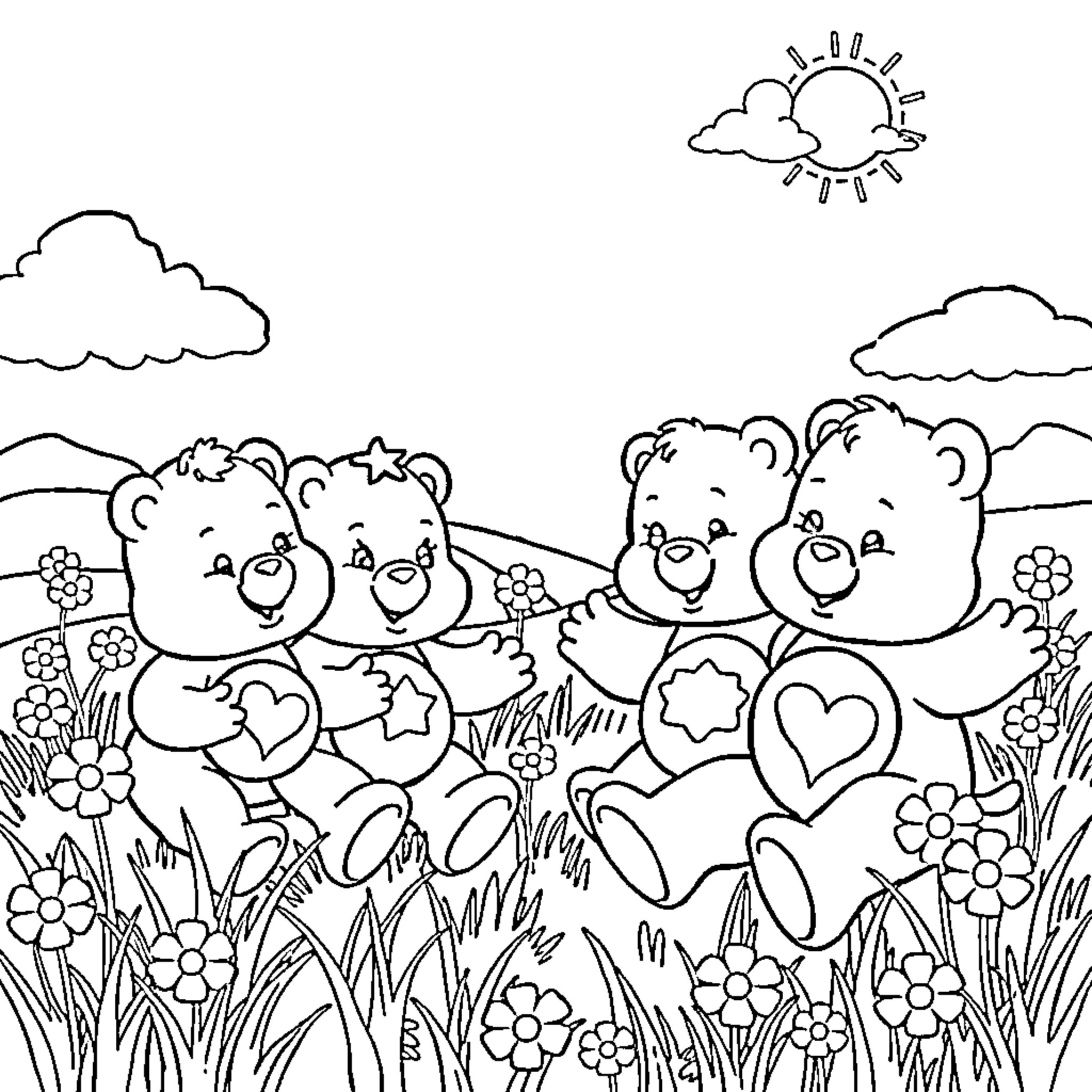 Care Bears playing and exploring in a meadow Coloring Page (free black-and-white line drawing printable PDF for all, from beginners to advanced learners, including children, teens, adults, and seniors)