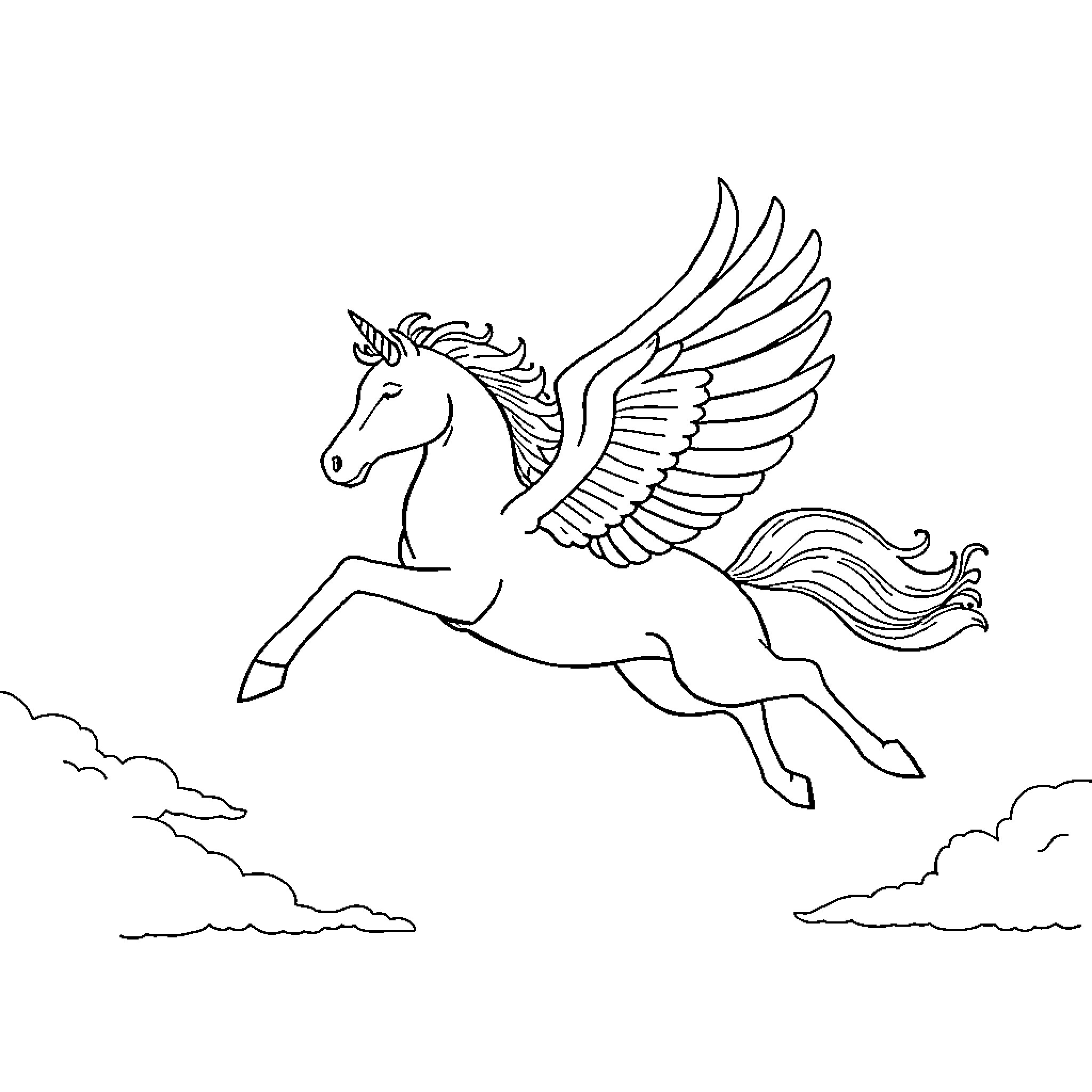 Unicorn flying majestically through the clouds Coloring Page (free black-and-white line drawing printable PDF for all, from beginners to advanced learners, including children, teens, adults, and seniors)