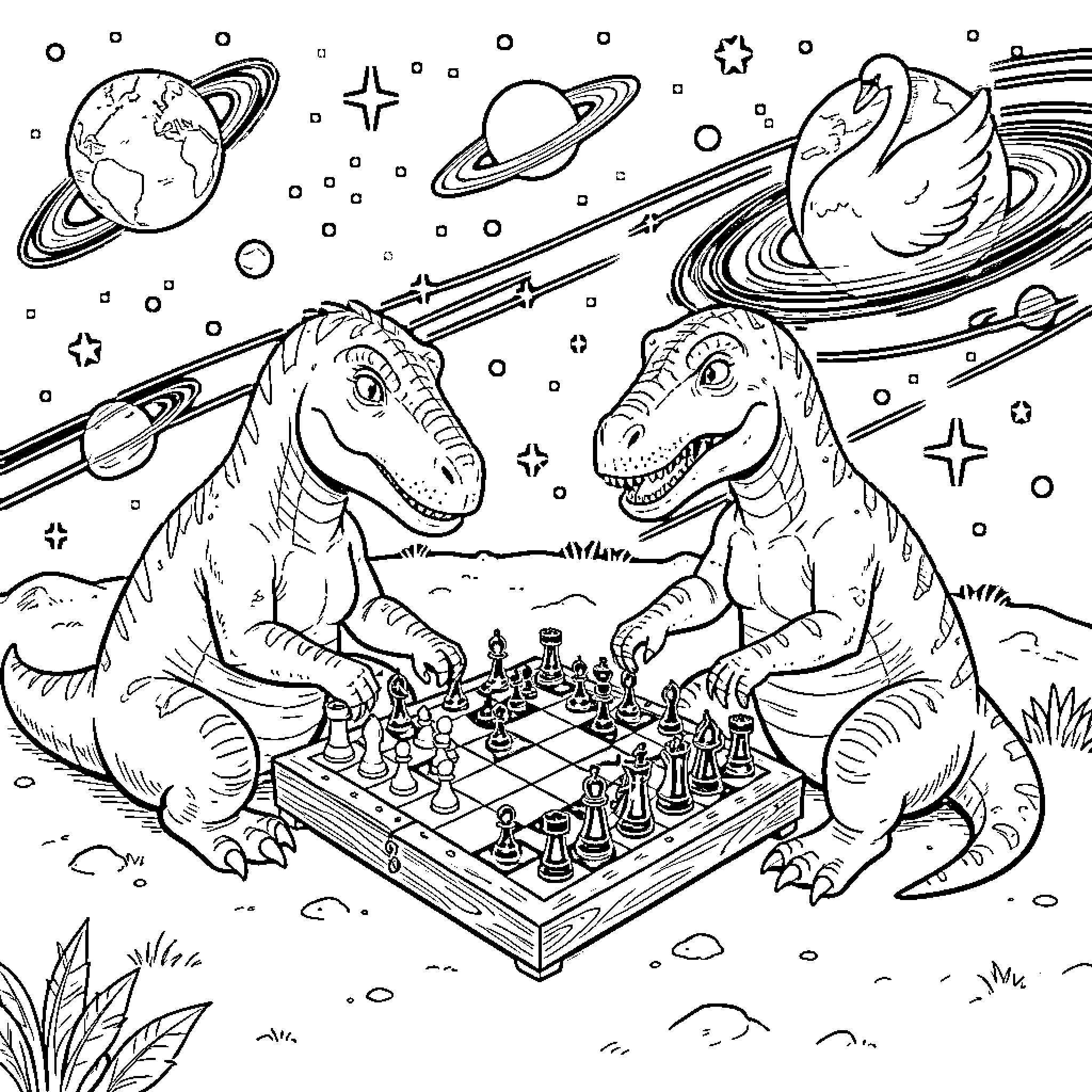 Dinosaur playing a strategic game of chess in space Coloring Page (free black-and-white line drawing printable PDF for all, from beginners to advanced learners, including children, teens, adults, and seniors)