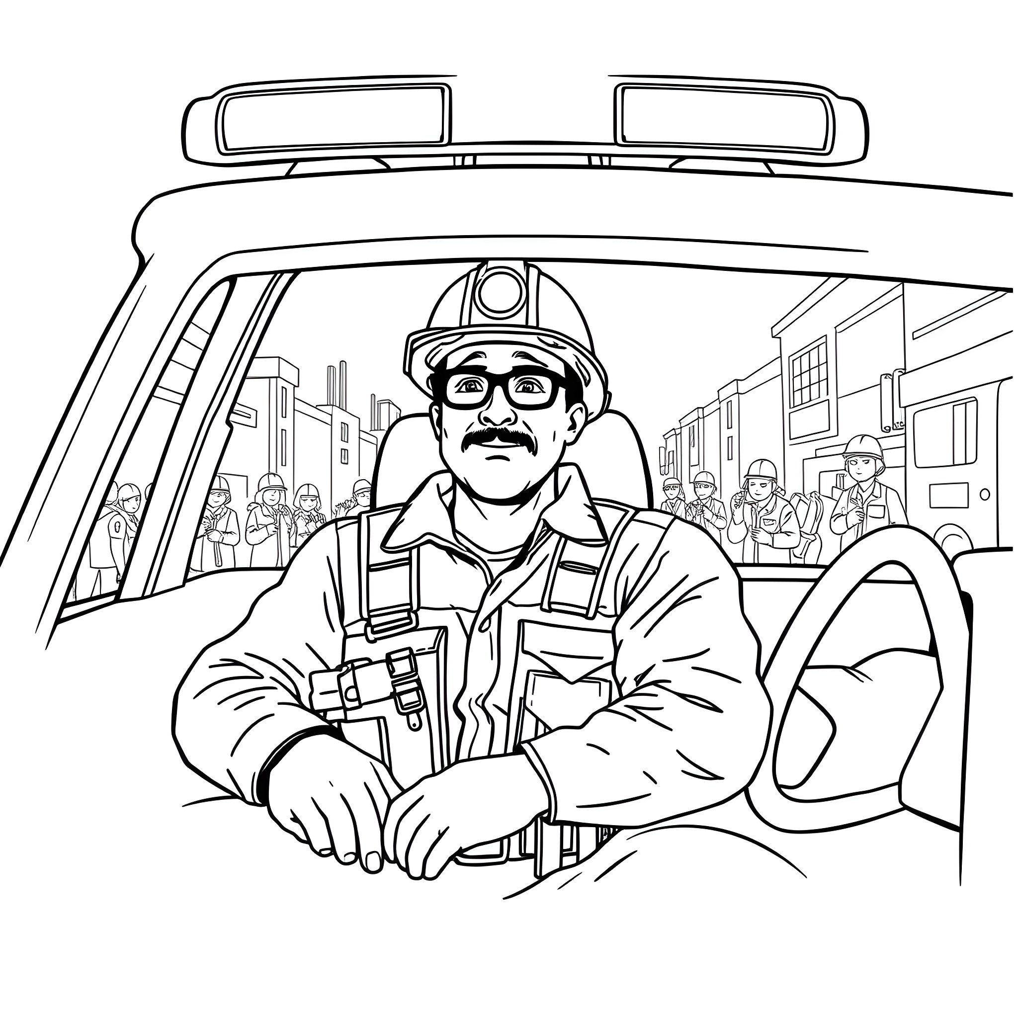 Construction Worker Inspecting Construction Site Coloring Page (free black-and-white line drawing printable PDF for all, from beginners to advanced learners, including children, teens, adults, and seniors)