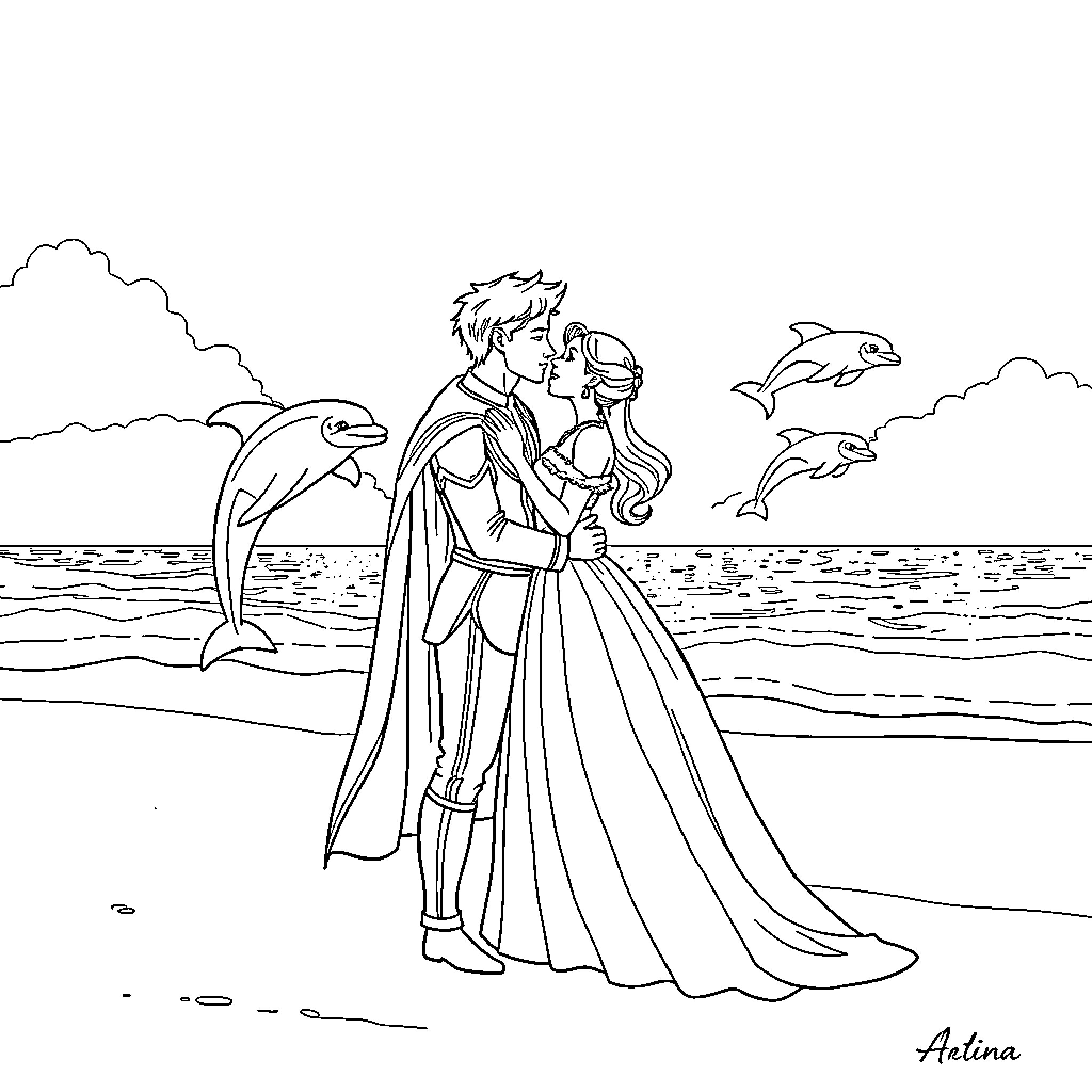 Prince and Princess Enjoy Romantic Beach Scene Coloring Page (free black-and-white line drawing printable PDF for all, from beginners to advanced learners, including children, teens, adults, and seniors)