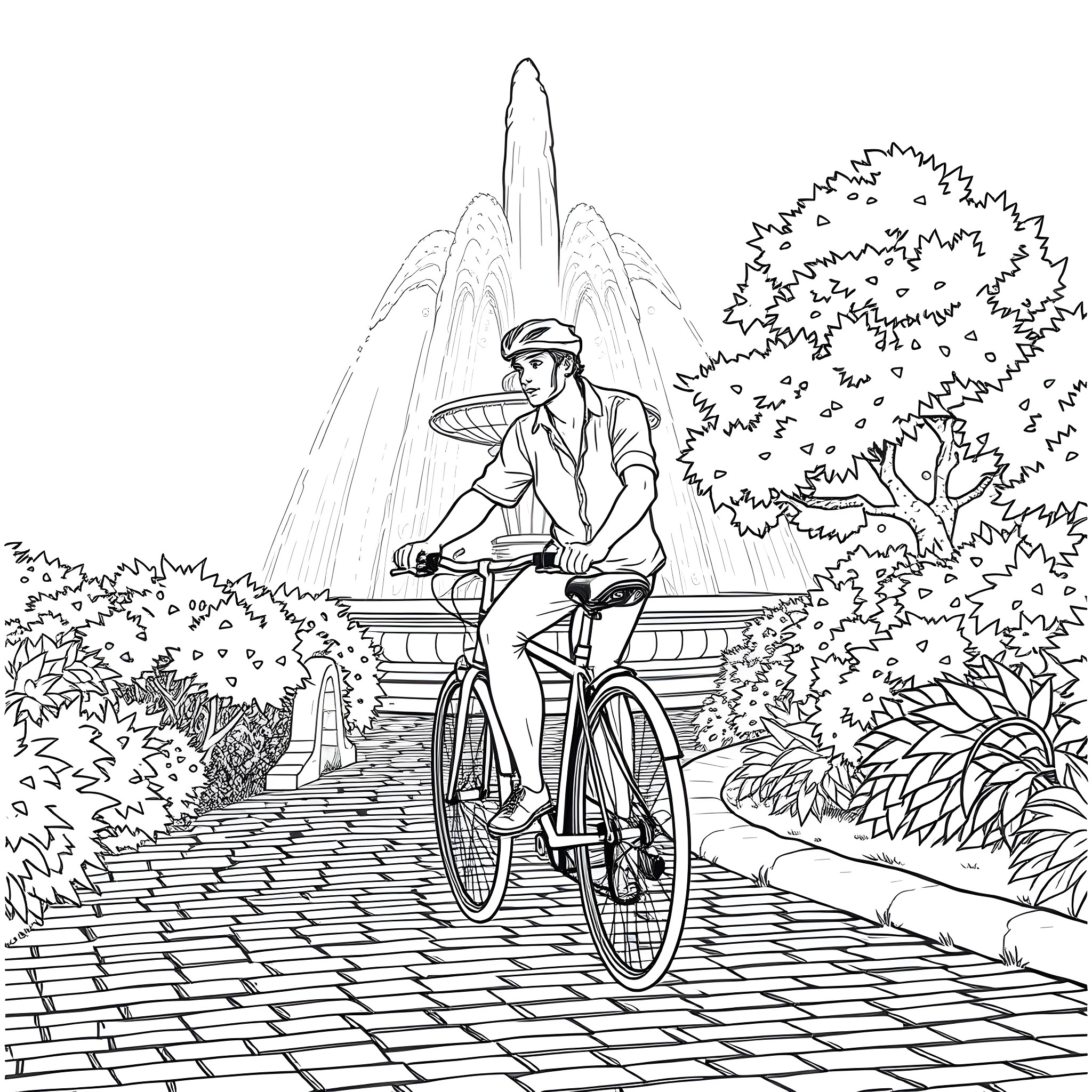 Man riding bicycle through a park Coloring Page (free black-and-white line drawing printable PDF for all, from beginners to advanced learners, including children, teens, adults, and seniors)