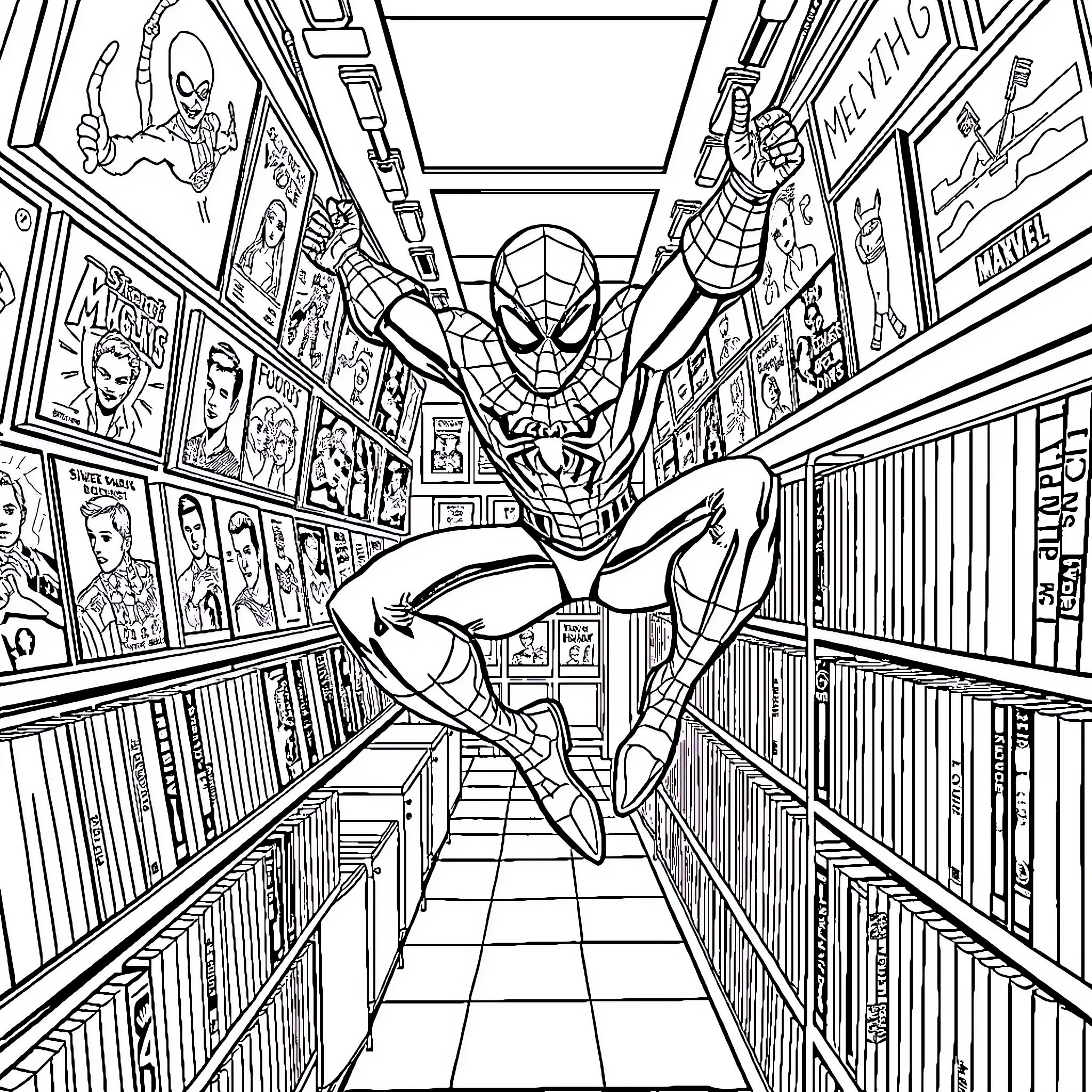 Spiderman swinging through a comic book library Coloring Page (free black-and-white line drawing printable PDF for all, from beginners to advanced learners, including children, teens, adults, and seniors)