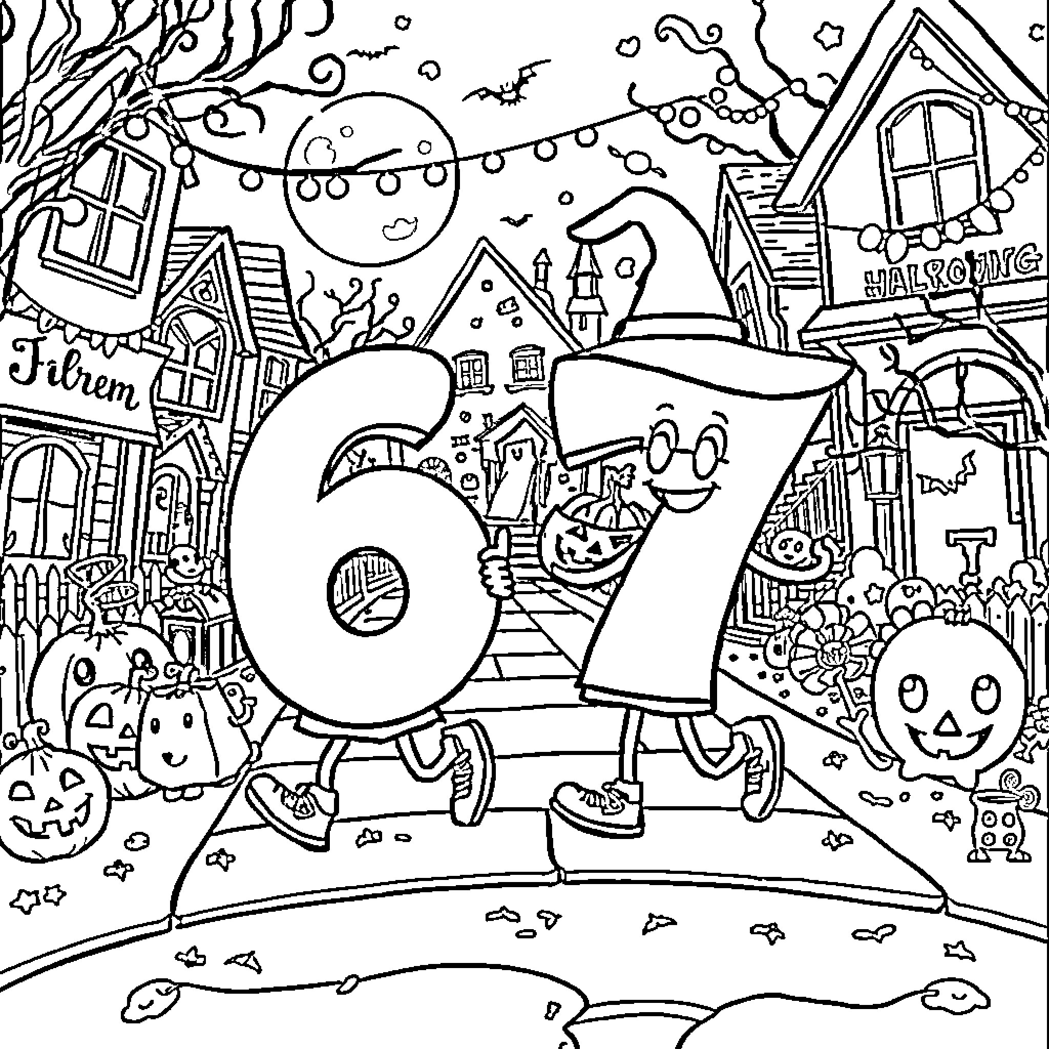 Number 67 Enjoying Halloween Festivities Coloring Page (free black-and-white line drawing printable PDF for all, from beginners to advanced learners, including children, teens, adults, and seniors)
