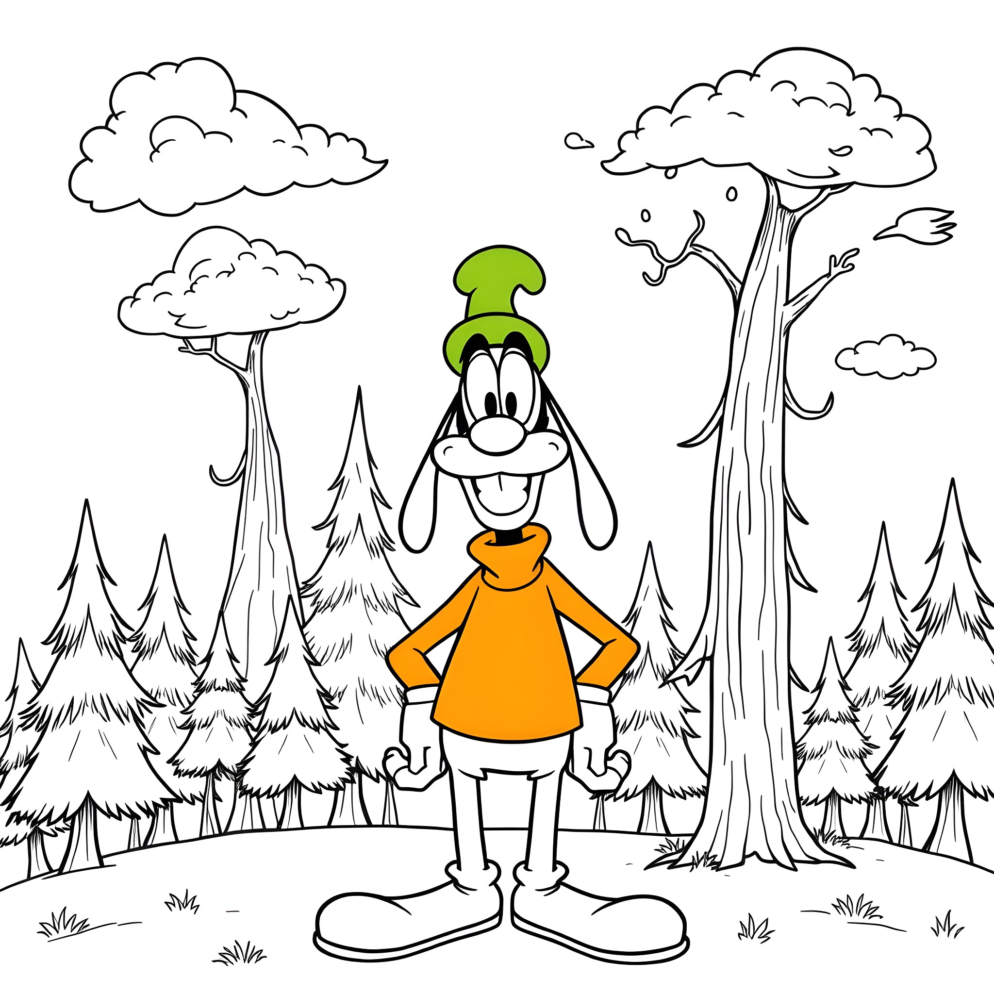 Goofy cartoon character in a whimsical forest landscape Coloring Page (free black-and-white line drawing printable PDF for all, from beginners to advanced learners, including children, teens, adults, and seniors)