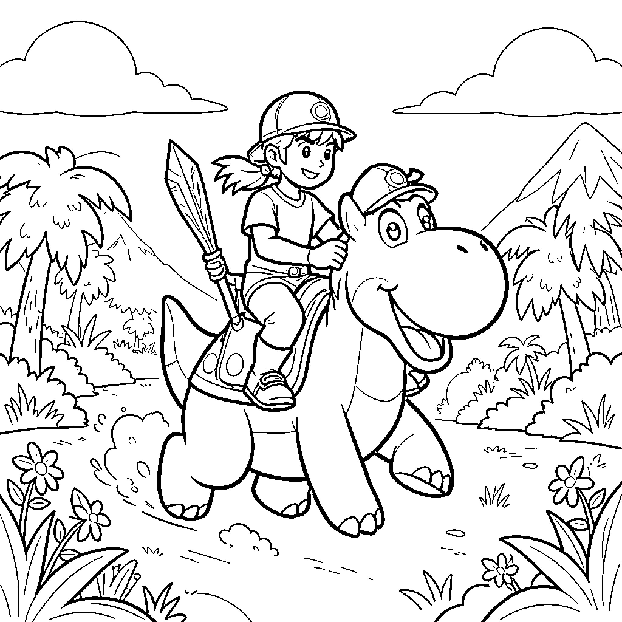 Link riding a friendly dinosaur through a jungle Coloring Page (free black-and-white line drawing printable PDF for all, from beginners to advanced learners, including children, teens, adults, and seniors)