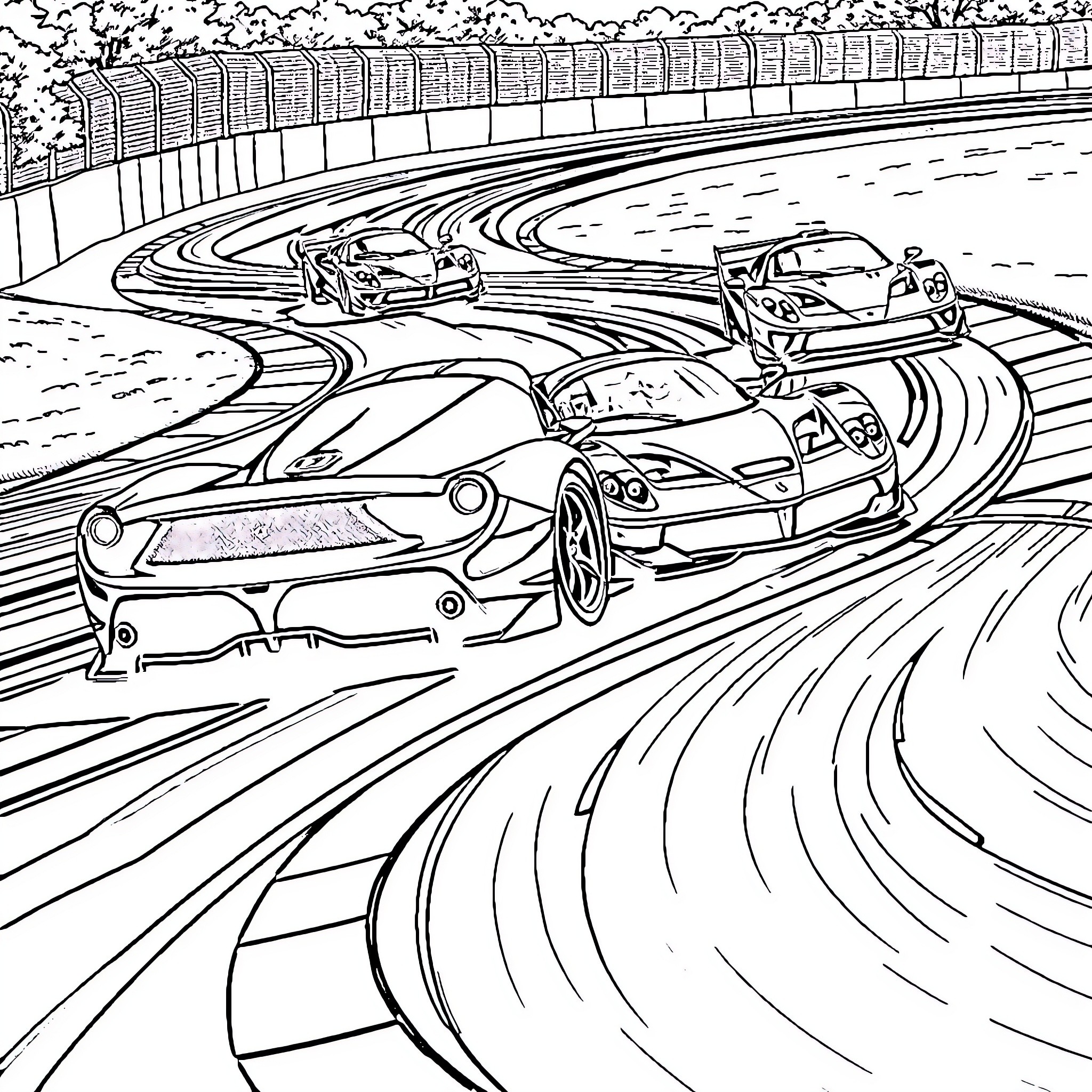 Ferrari Race on Winding Track Coloring Page (free black-and-white line drawing printable PDF for all, from beginners to advanced learners, including children, teens, adults, and seniors)