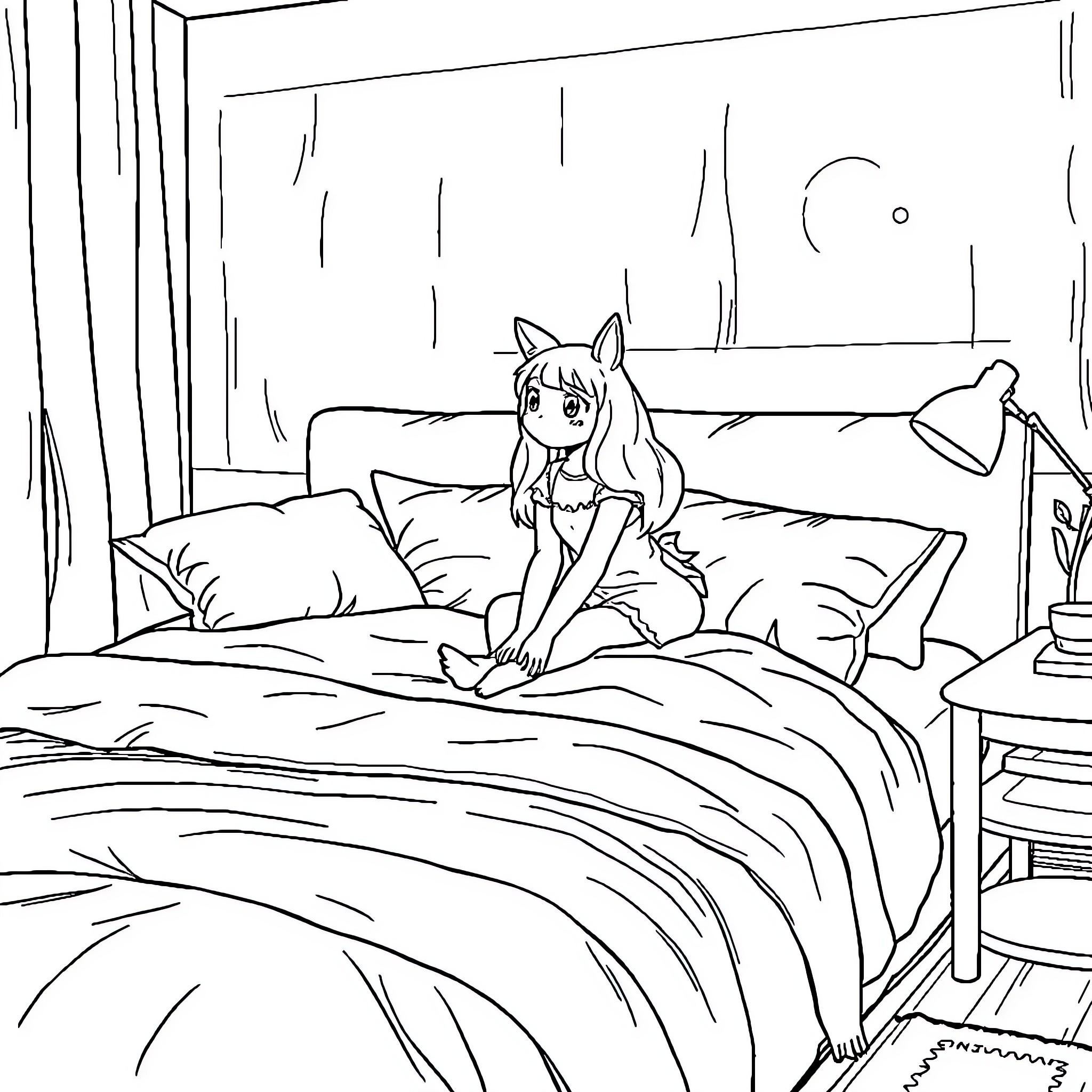 Número Casual Moment in Bedroom Coloring Page (free black-and-white line drawing printable PDF for all, from beginners to advanced learners, including children, teens, adults, and seniors)