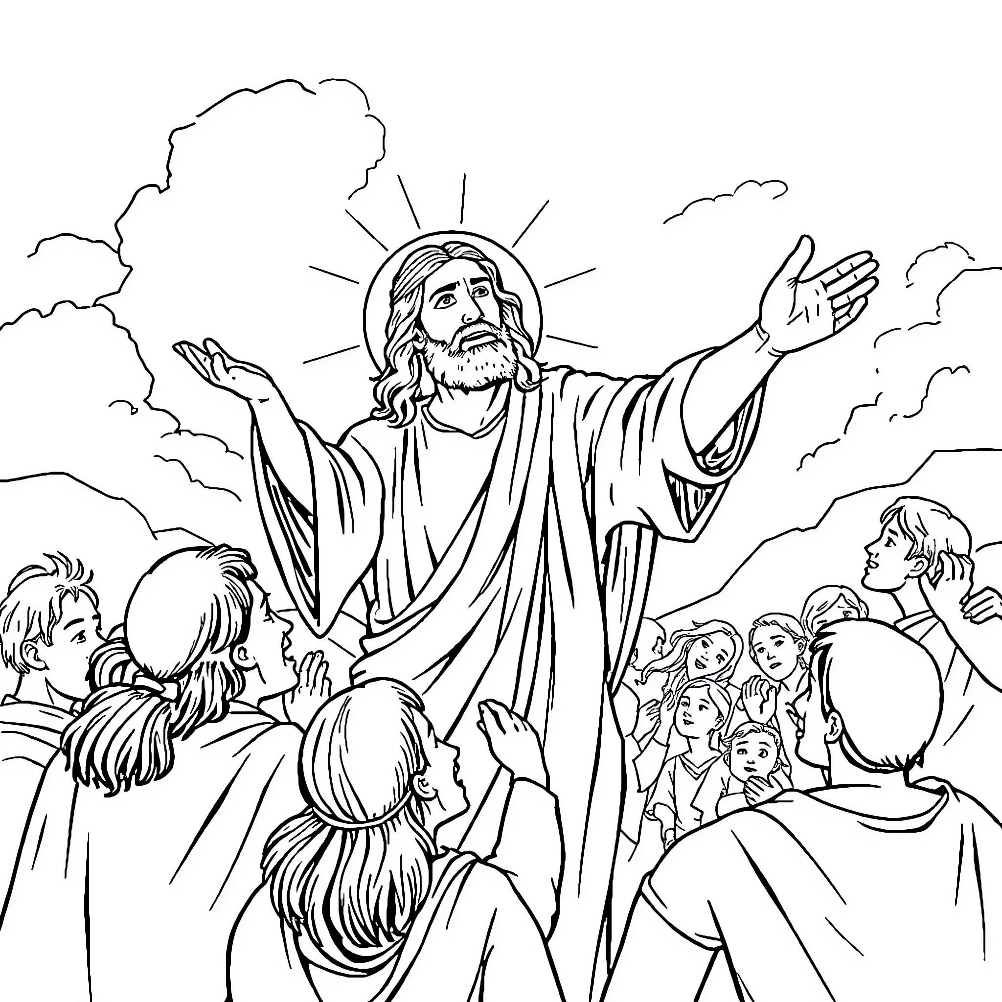 Jesus Teaching and Blessing the Crowd Coloring Page (free black-and-white line drawing printable PDF for all, from beginners to advanced learners, including children, teens, adults, and seniors)