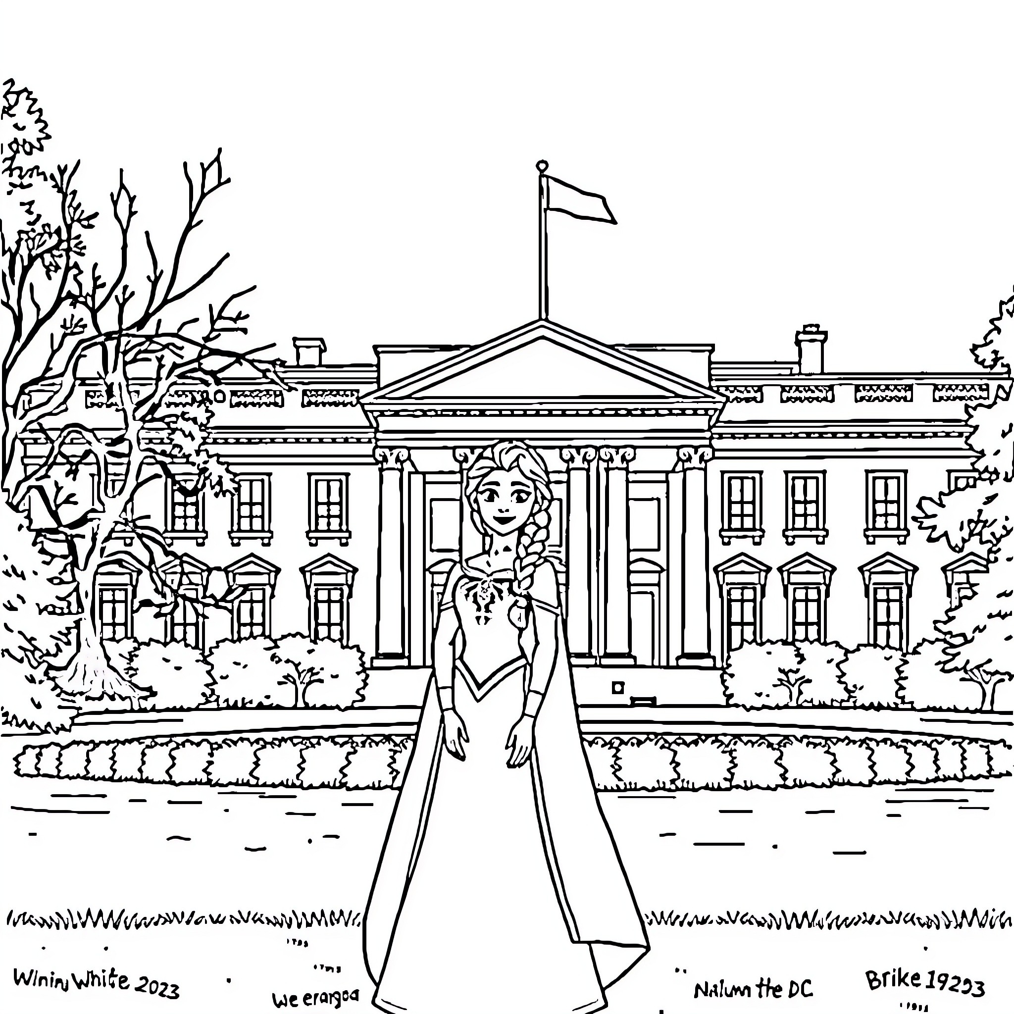 Princess Anna standing in front of the White House Coloring Page (free black-and-white line drawing printable PDF for all, from beginners to advanced learners, including children, teens, adults, and seniors)