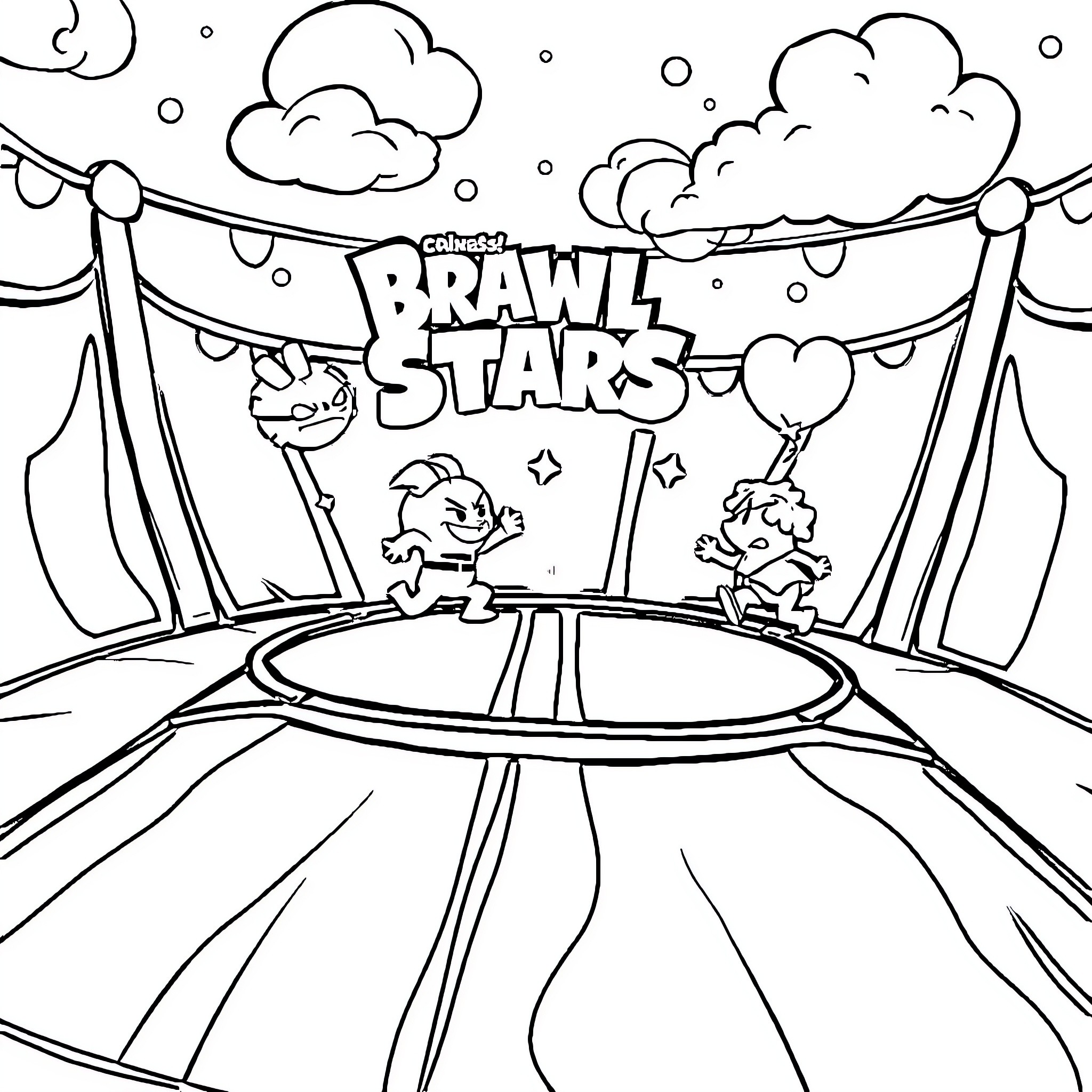 Trampoline circus performers on stage Coloring Page (free black-and-white line drawing printable PDF for all, from beginners to advanced learners, including children, teens, adults, and seniors)