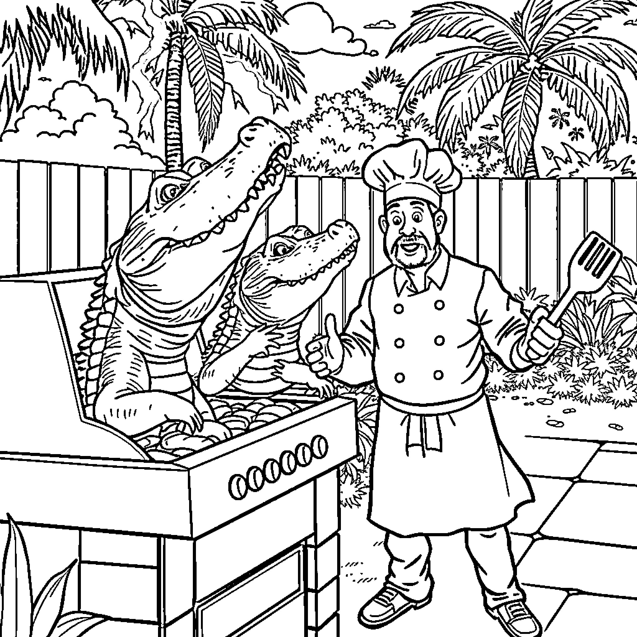 Alligator and chef in tropical garden setting Coloring Page (free black-and-white line drawing printable PDF for all, from beginners to advanced learners, including children, teens, adults, and seniors)