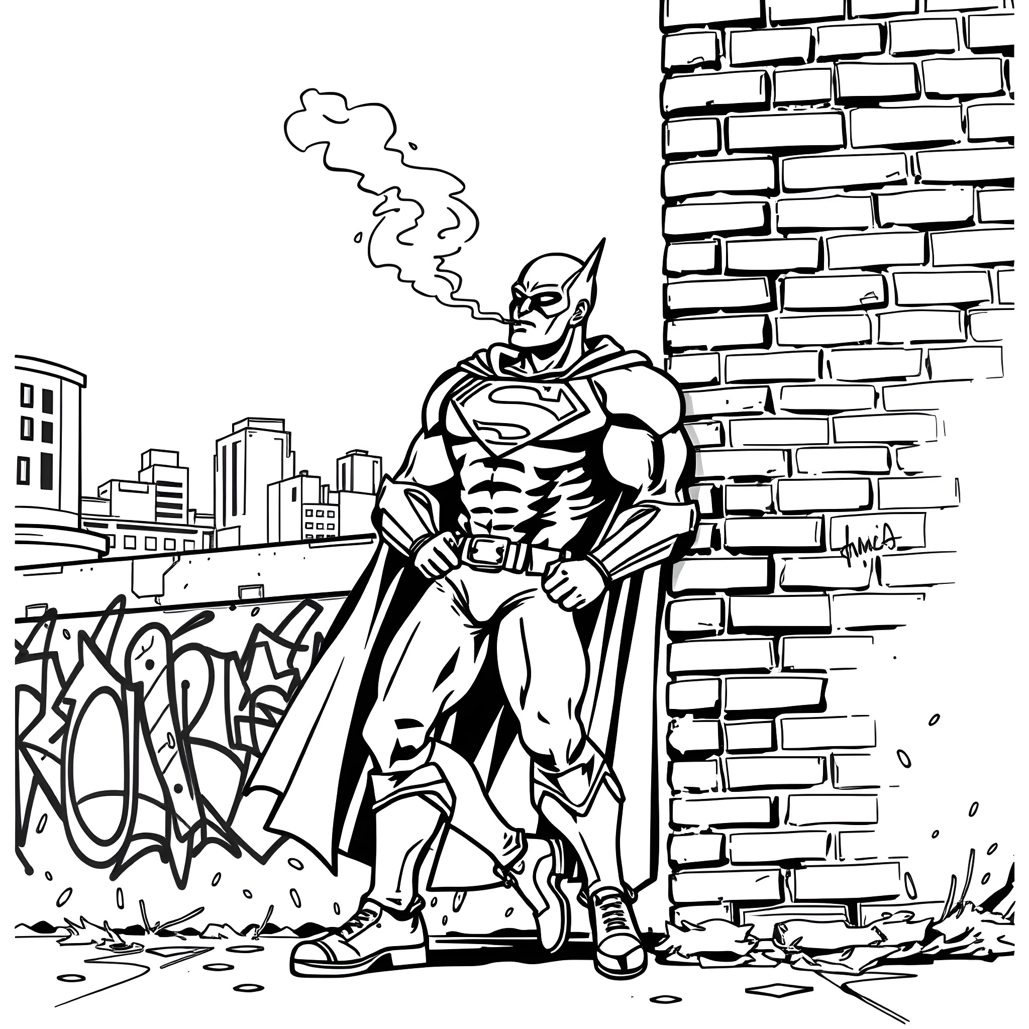 Superhero standing tall in urban setting Coloring Page (free black-and-white line drawing printable PDF for all, from beginners to advanced learners, including children, teens, adults, and seniors)