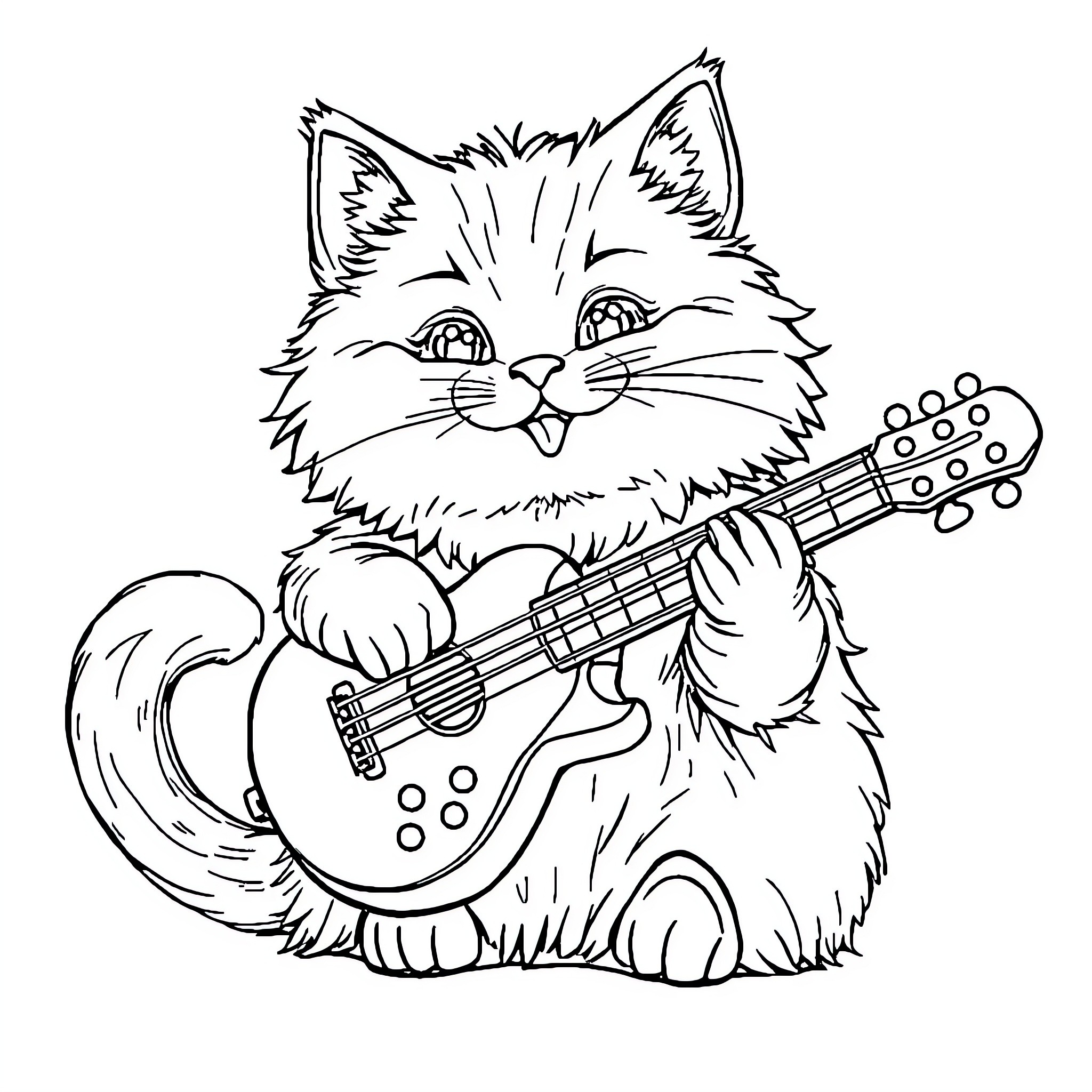 Cat playing guitar with excitement Coloring Page (free black-and-white line drawing printable PDF for all, from beginners to advanced learners, including children, teens, adults, and seniors)