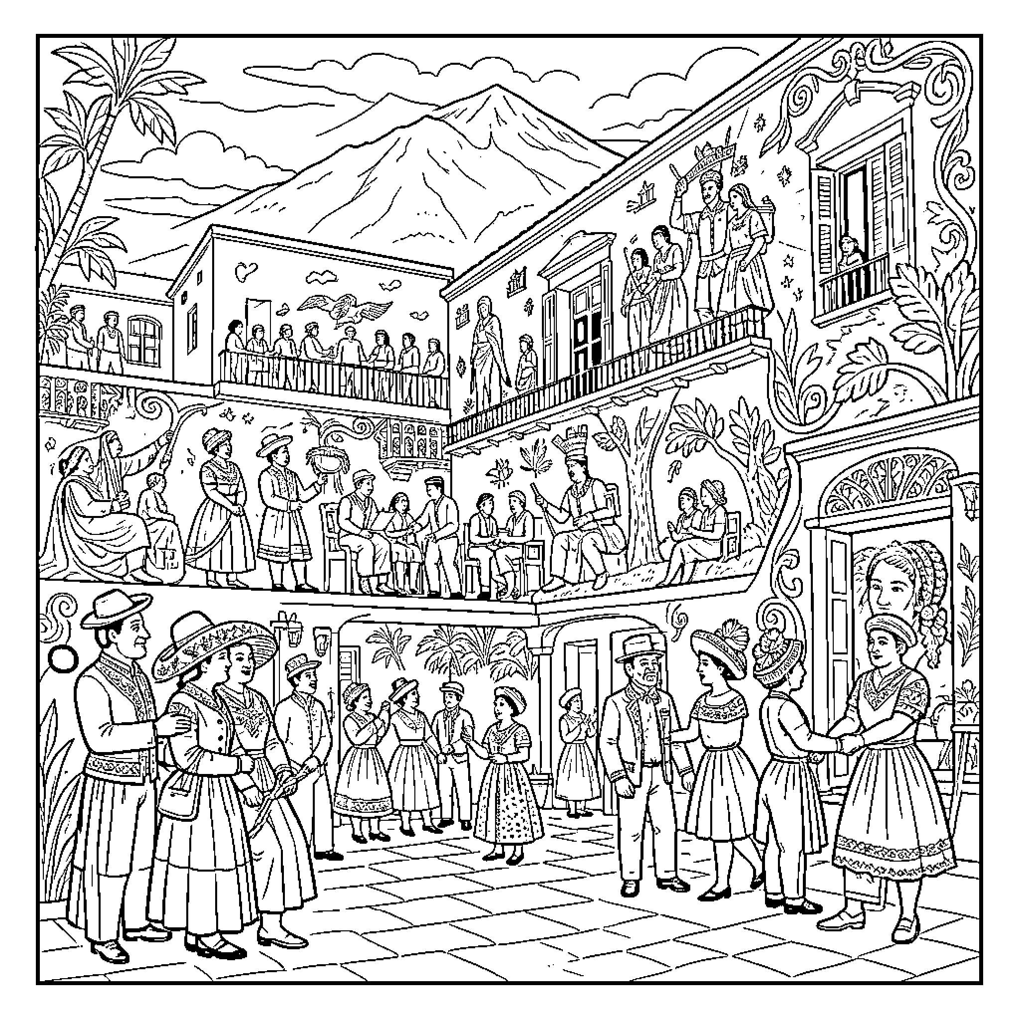 Diego Rivera's Vibrant Depiction of Mexican Culture and Community Coloring Page (free black-and-white line drawing printable PDF for all, from beginners to advanced learners, including children, teens, adults, and seniors)