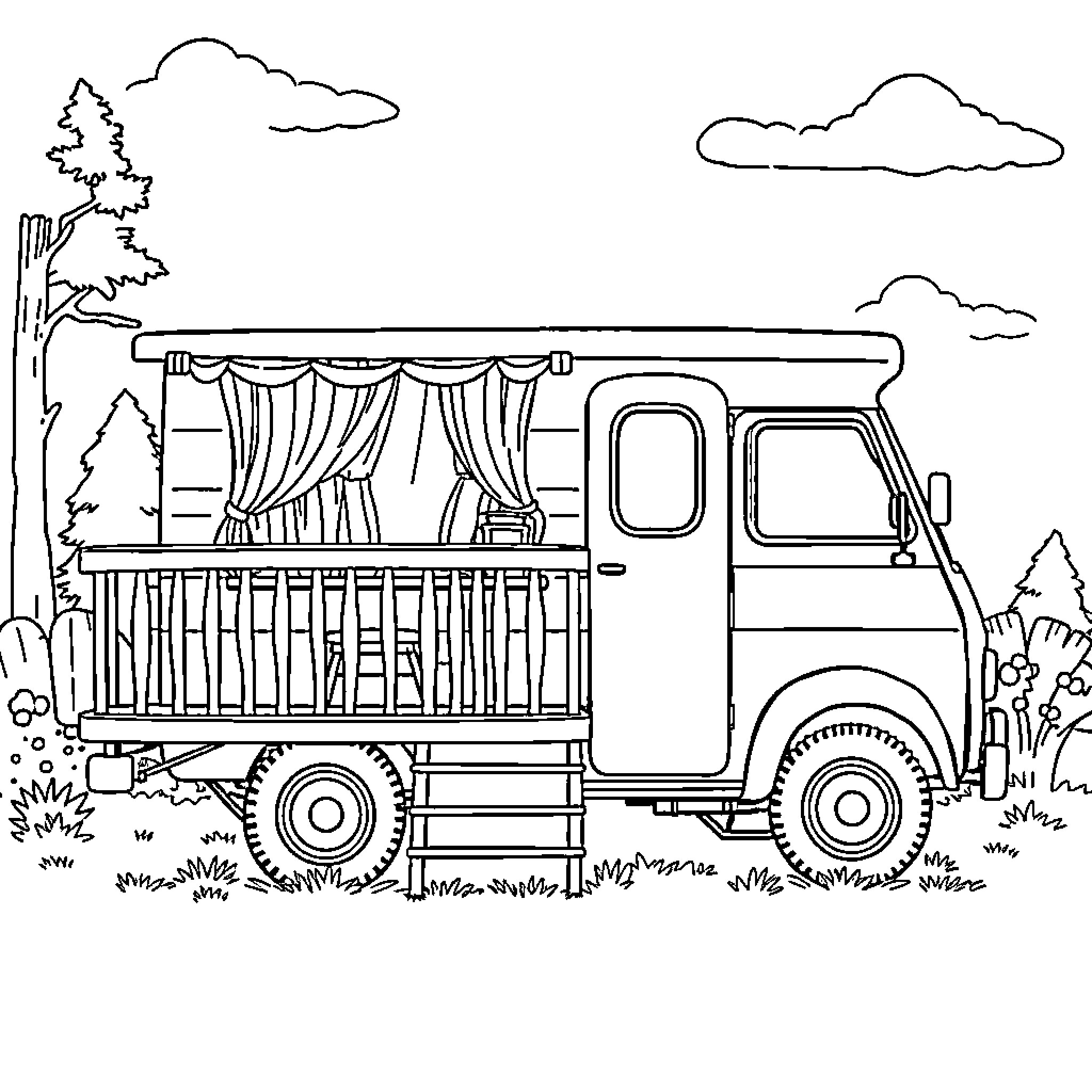 Truck with curtained camper in nature scene Coloring Page (free black-and-white line drawing printable PDF for all, from beginners to advanced learners, including children, teens, adults, and seniors)