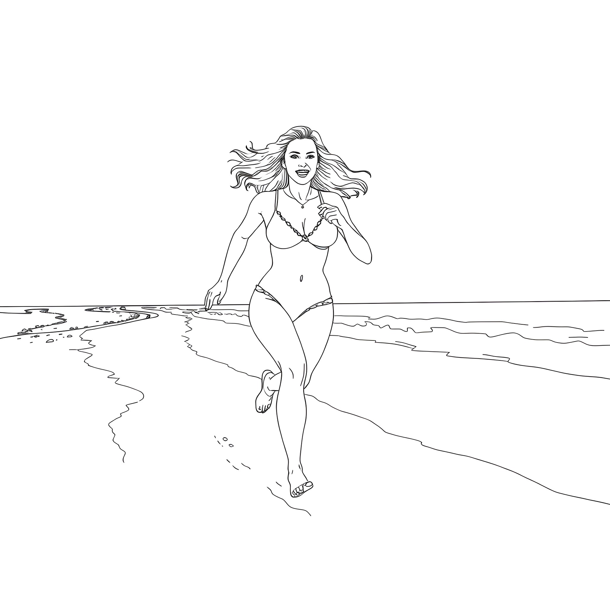 Pamela Anderson walking confidently on the beach Coloring Page (free black-and-white line drawing printable PDF for all, from beginners to advanced learners, including children, teens, adults, and seniors)