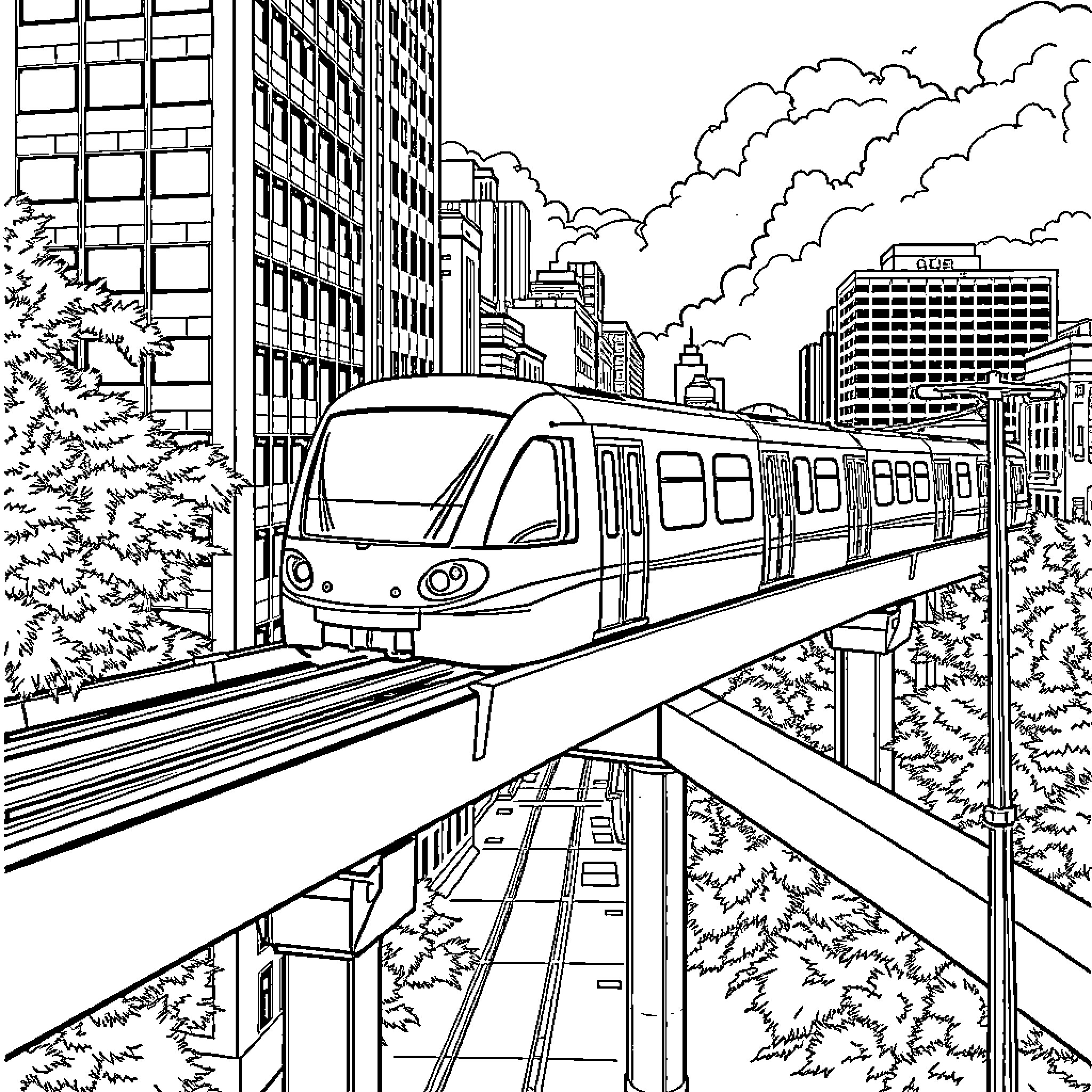 Monorail zipping through bustling urban skyline Coloring Page (free black-and-white line drawing printable PDF for all, from beginners to advanced learners, including children, teens, adults, and seniors)