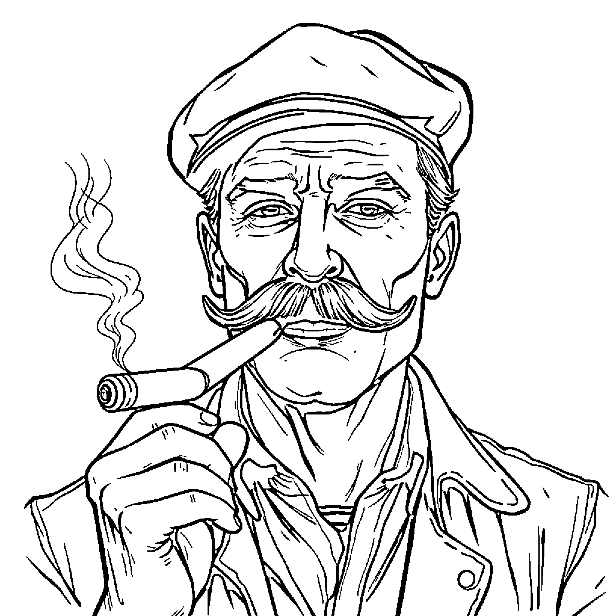 Man with mustache smoking cigar in coat Coloring Page (free black-and-white line drawing printable PDF for all, from beginners to advanced learners, including children, teens, adults, and seniors)