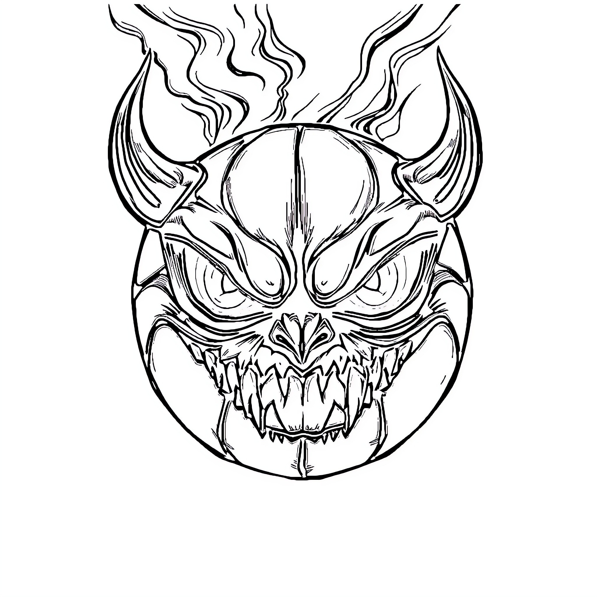 Evil Basketball Player's Fiery Nightmare Mask Coloring Page (free black-and-white line drawing printable PDF for all, from beginners to advanced learners, including children, teens, adults, and seniors)