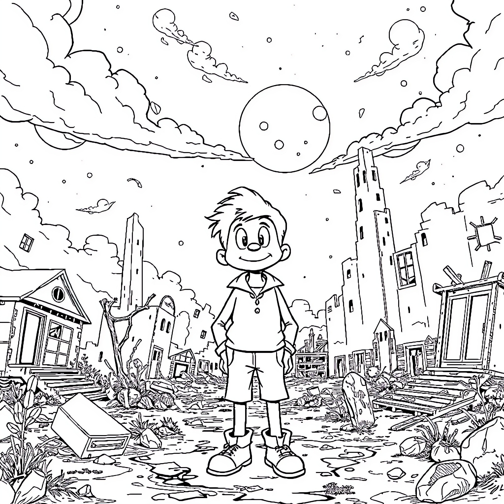 Dandy Boy Exploring the Apocalyptic Cityscape Coloring Page (free black-and-white line drawing printable PDF for all, from beginners to advanced learners, including children, teens, adults, and seniors)