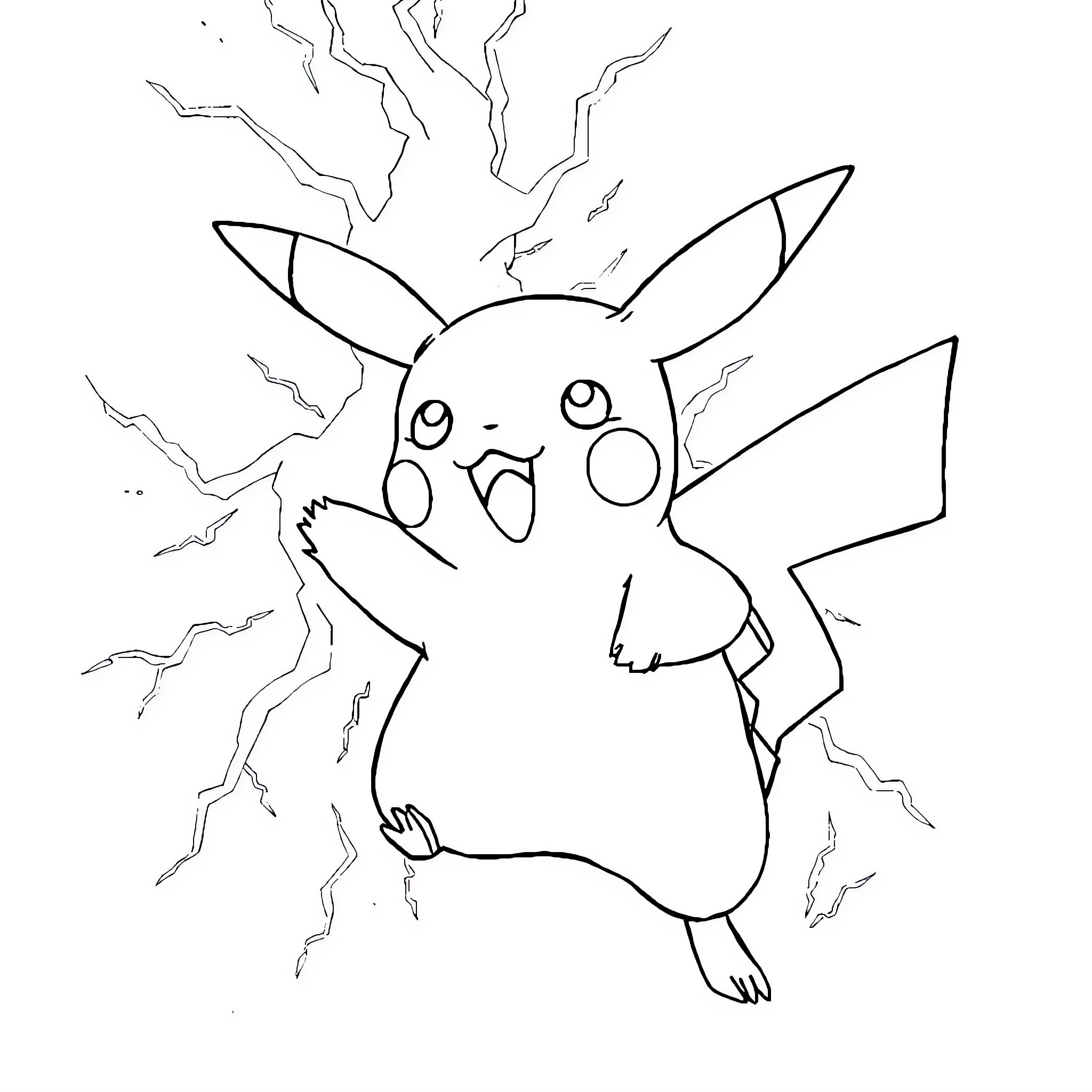 Pikachu using Electric Charge in a Thunderstorm Coloring Page (free black-and-white line drawing printable PDF for all, from beginners to advanced learners, including children, teens, adults, and seniors)