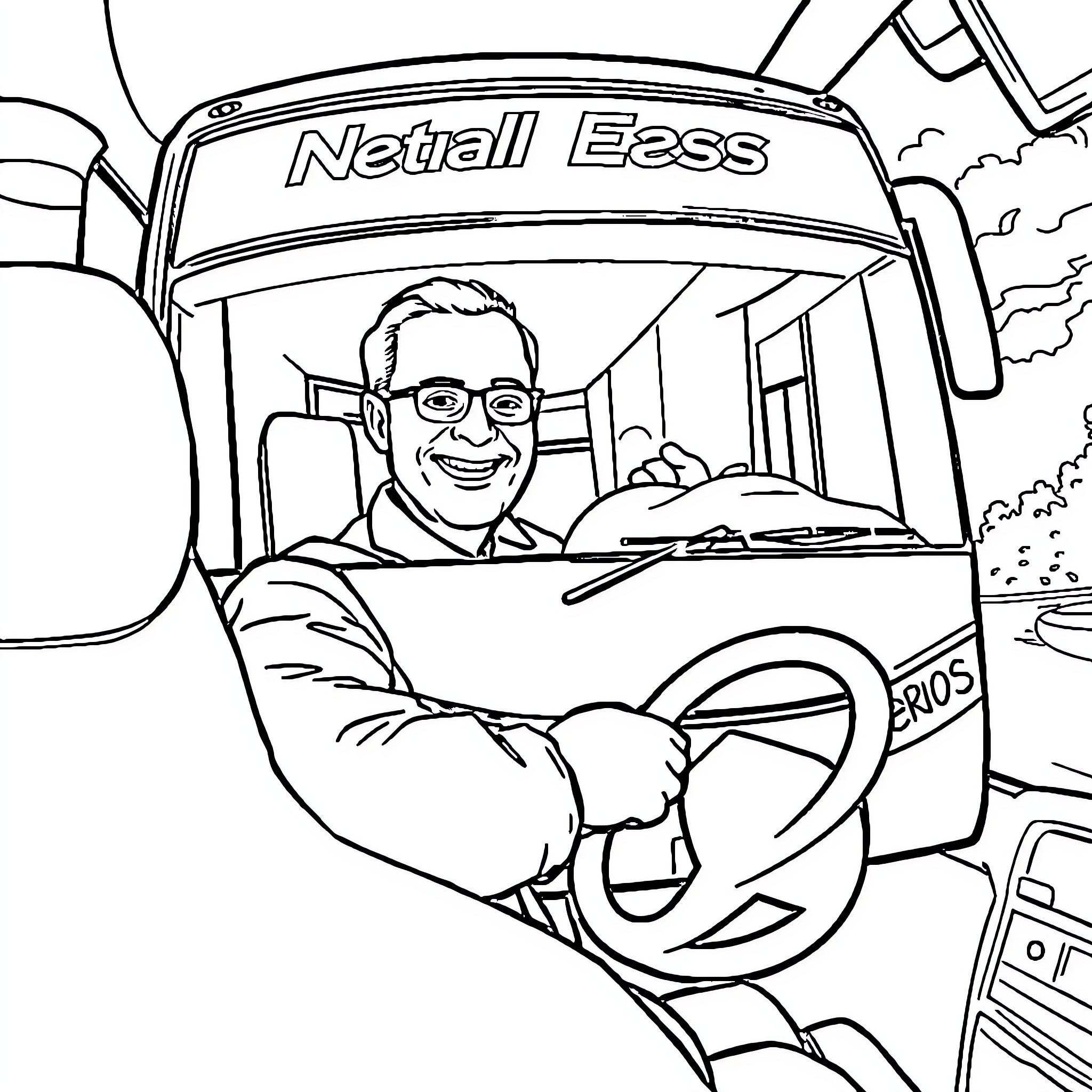 Bus driver operating Netall Esss vehicle Coloring Page (free black-and-white line drawing printable PDF for all, from beginners to advanced learners, including children, teens, adults, and seniors)