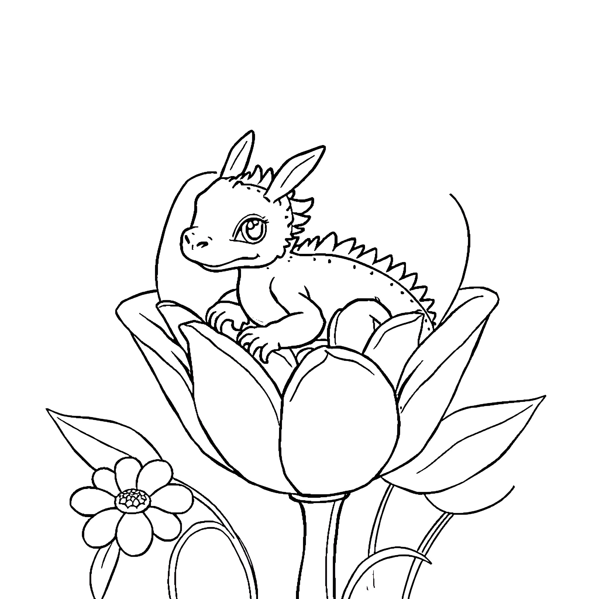 Dragon resting in a blooming flower Coloring Page (free black-and-white line drawing printable PDF for all, from beginners to advanced learners, including children, teens, adults, and seniors)