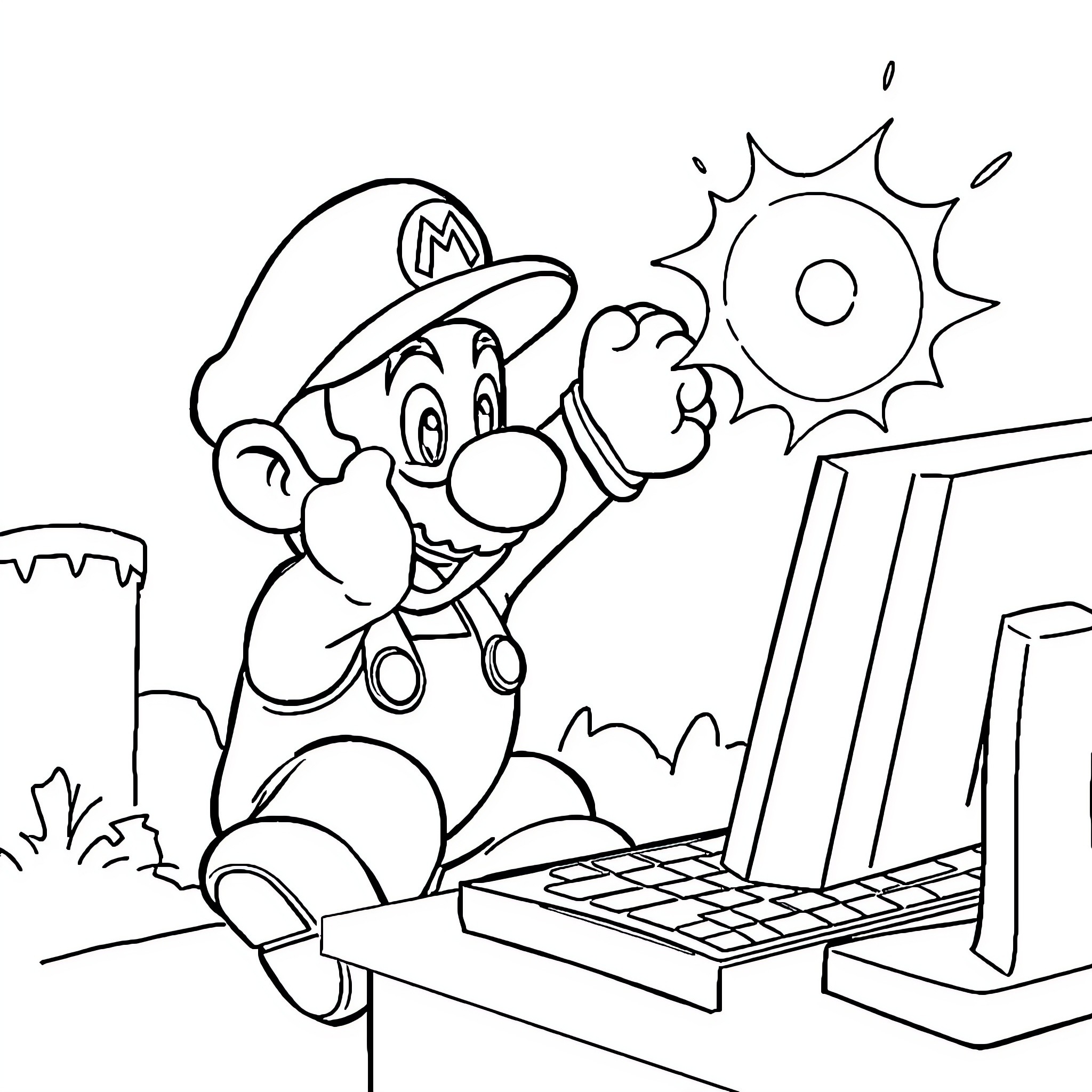 Super Mario Playing on Laptop in Outdoors Coloring Page (free black-and-white line drawing printable PDF for all, from beginners to advanced learners, including children, teens, adults, and seniors)
