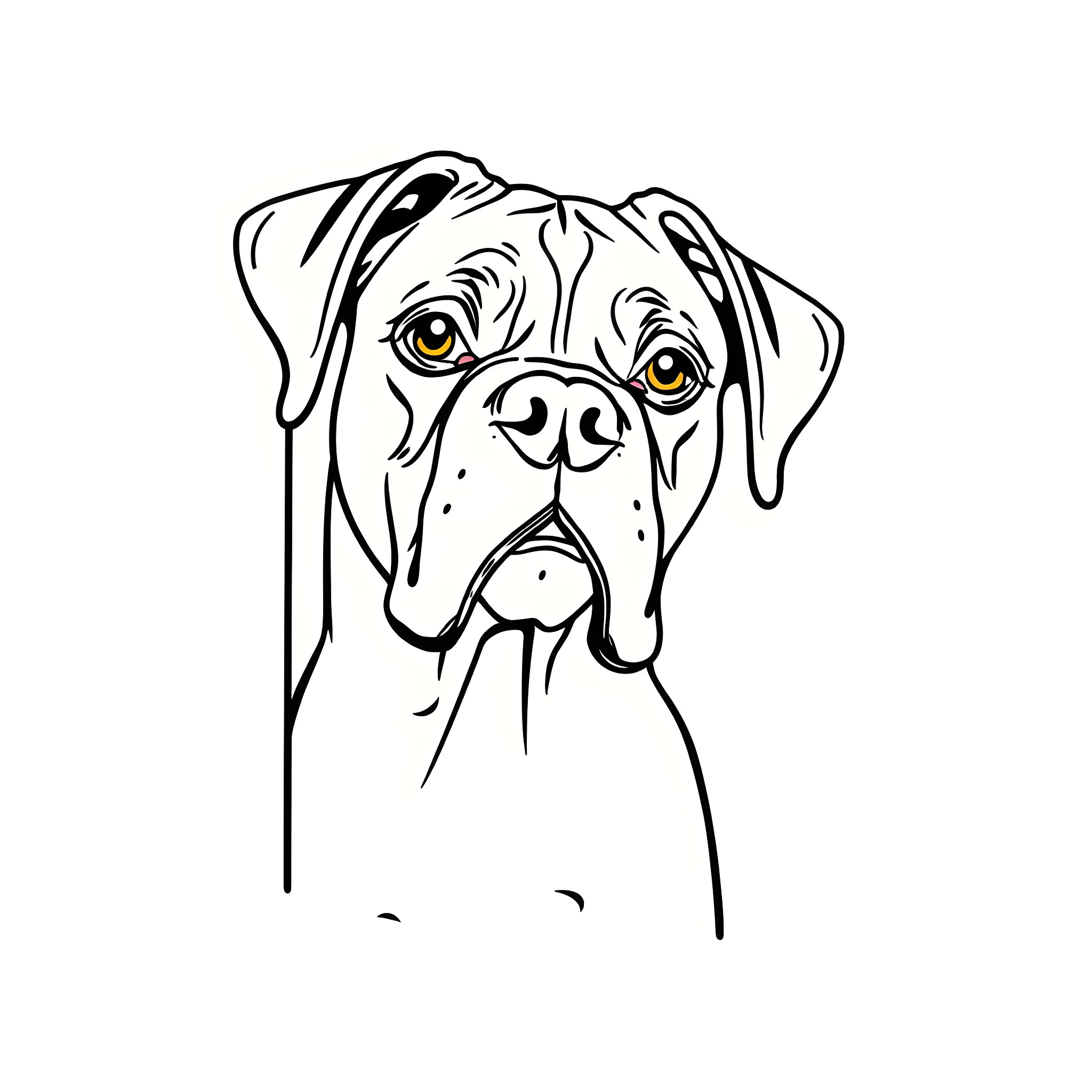 Boxer dog with intense gaze Coloring Page (free black-and-white line drawing printable PDF for all, from beginners to advanced learners, including children, teens, adults, and seniors)