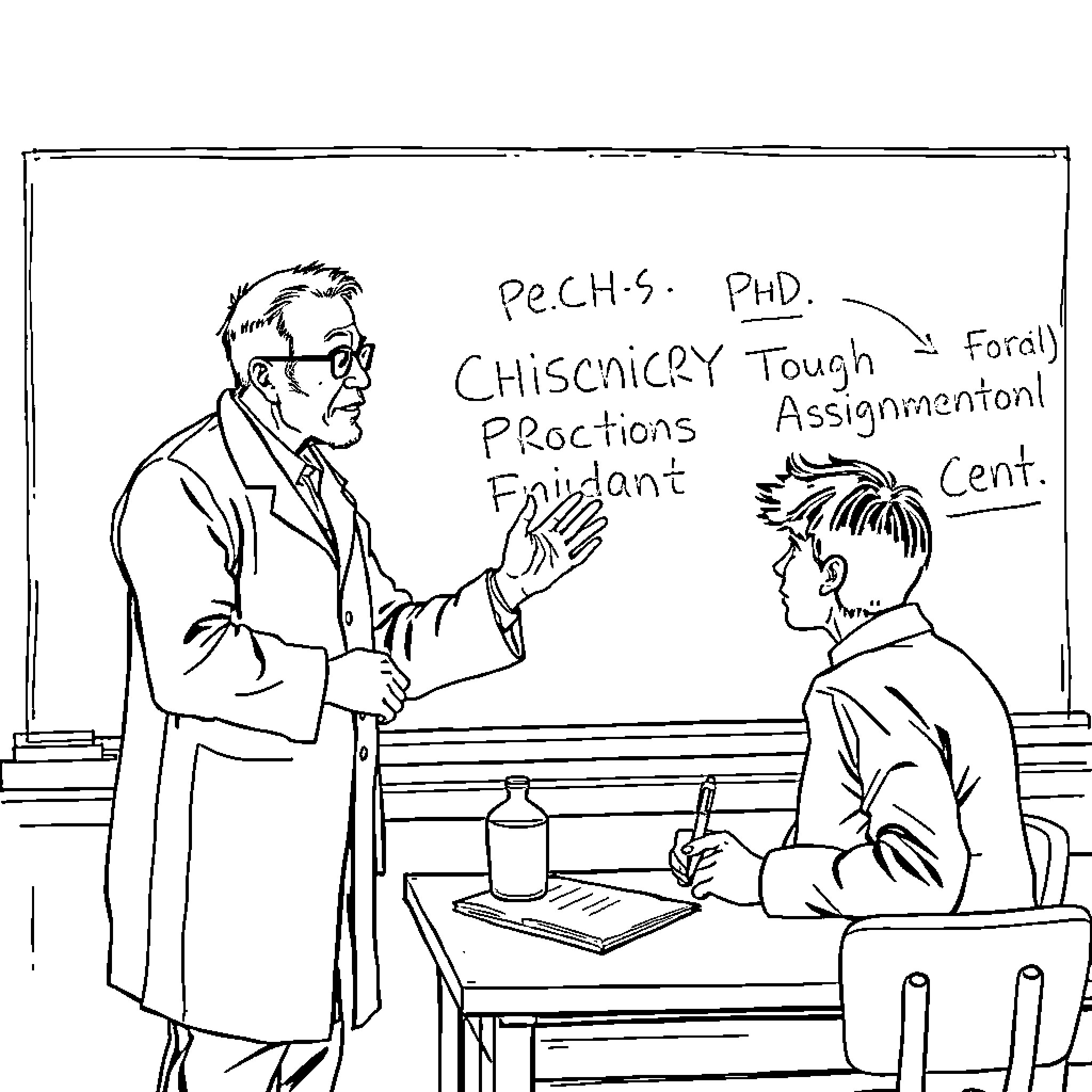 Professor lecturing students in the classroom Coloring Page (free black-and-white line drawing printable PDF for all, from beginners to advanced learners, including children, teens, adults, and seniors)