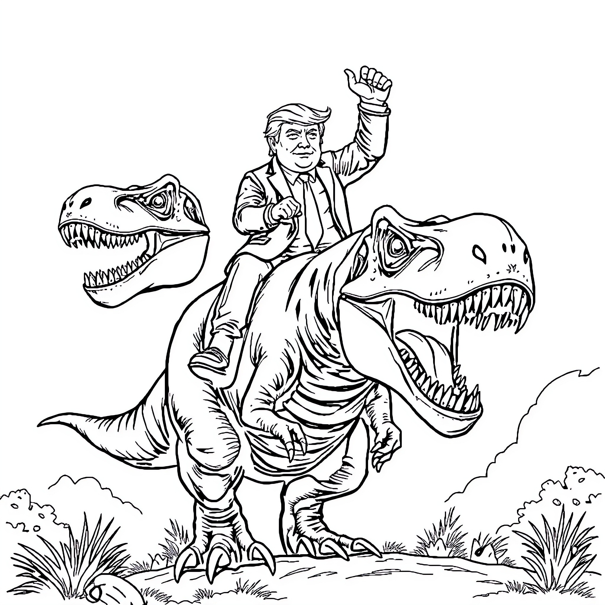 Donald Trump riding fearsome dinosaurs in the wild Coloring Page (free black-and-white line drawing printable PDF for all, from beginners to advanced learners, including children, teens, adults, and seniors)