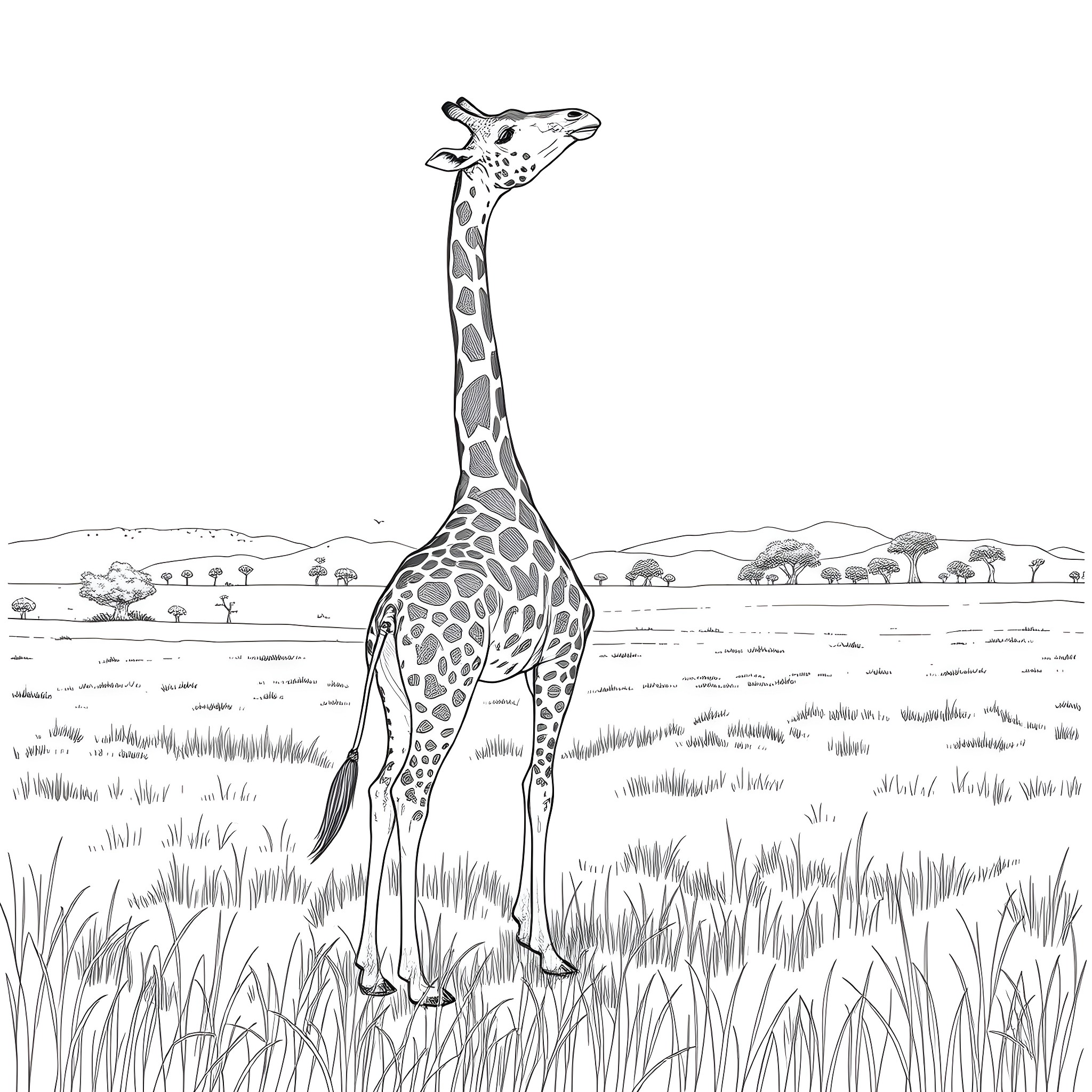 Giraffe in lush savanna landscape Coloring Page (free black-and-white line drawing printable PDF for all, from beginners to advanced learners, including children, teens, adults, and seniors)