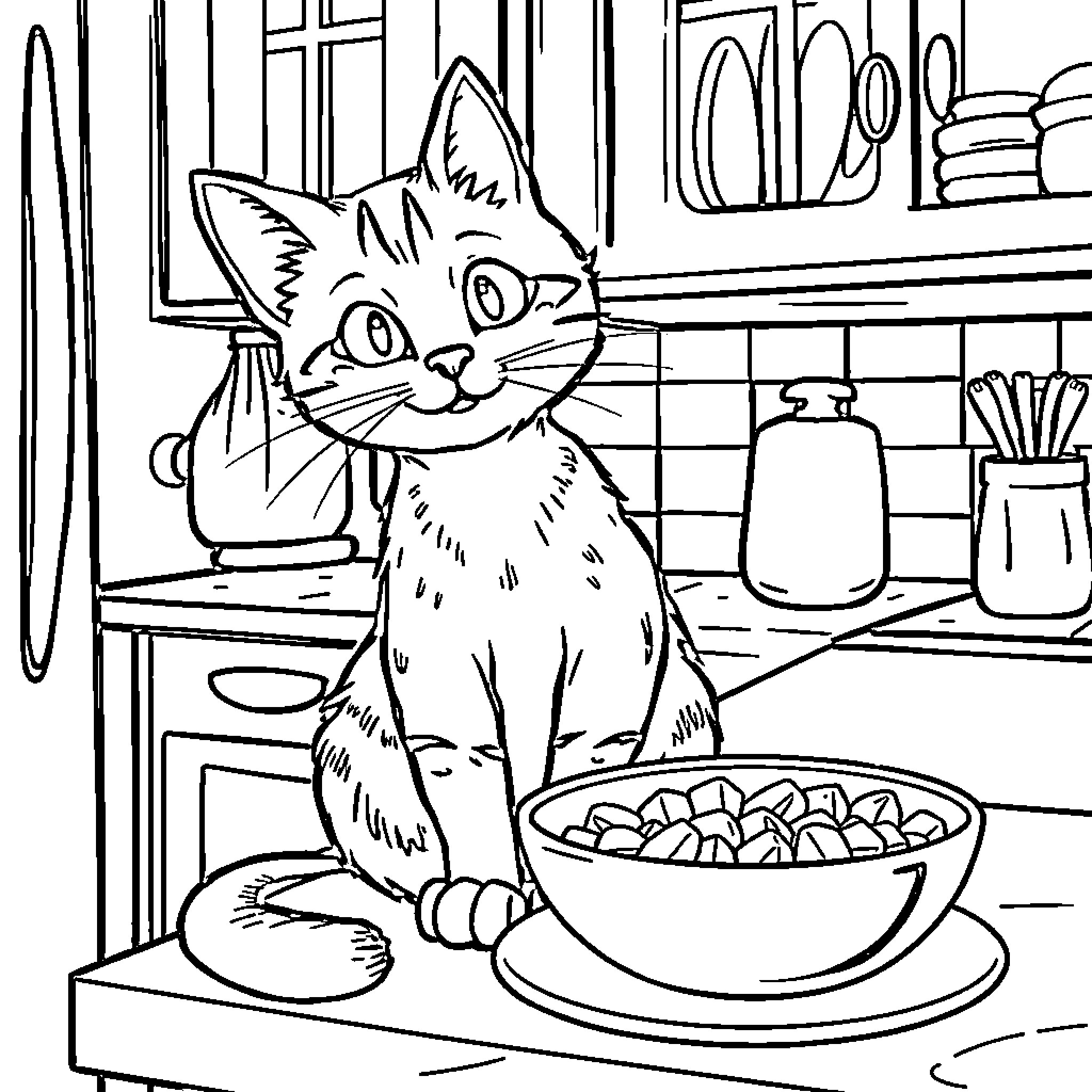 Cat enjoying snacks in the kitchen Coloring Page (free black-and-white line drawing printable PDF for all, from beginners to advanced learners, including children, teens, adults, and seniors)